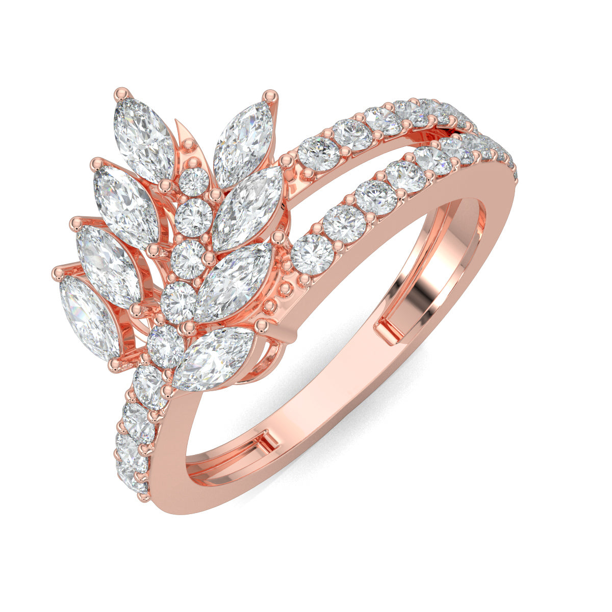 Rose Gold, Diamond Ring, Natural diamond ring, Lab-grown diamond ring, modern marquise diamond, split shank ring, contemporary diamond ring, round diamond, sustainable luxury jewelry