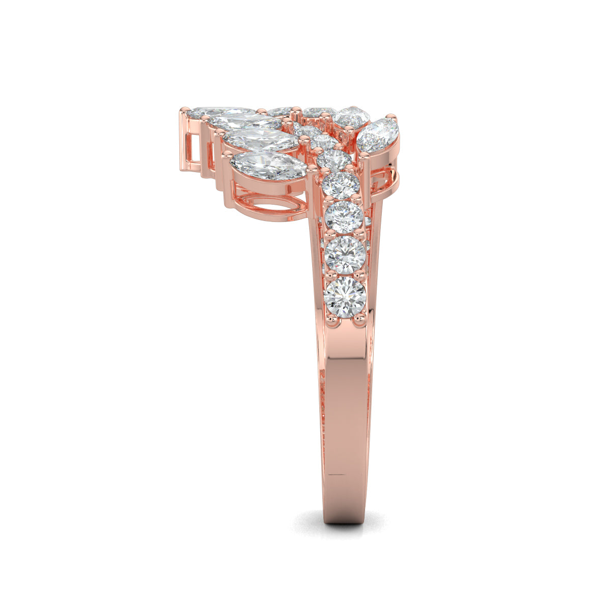 Rose Gold, Diamond Ring, Natural diamond ring, Lab-grown diamond ring, modern marquise diamond, split shank ring, contemporary diamond ring, round diamond, sustainable luxury jewelry