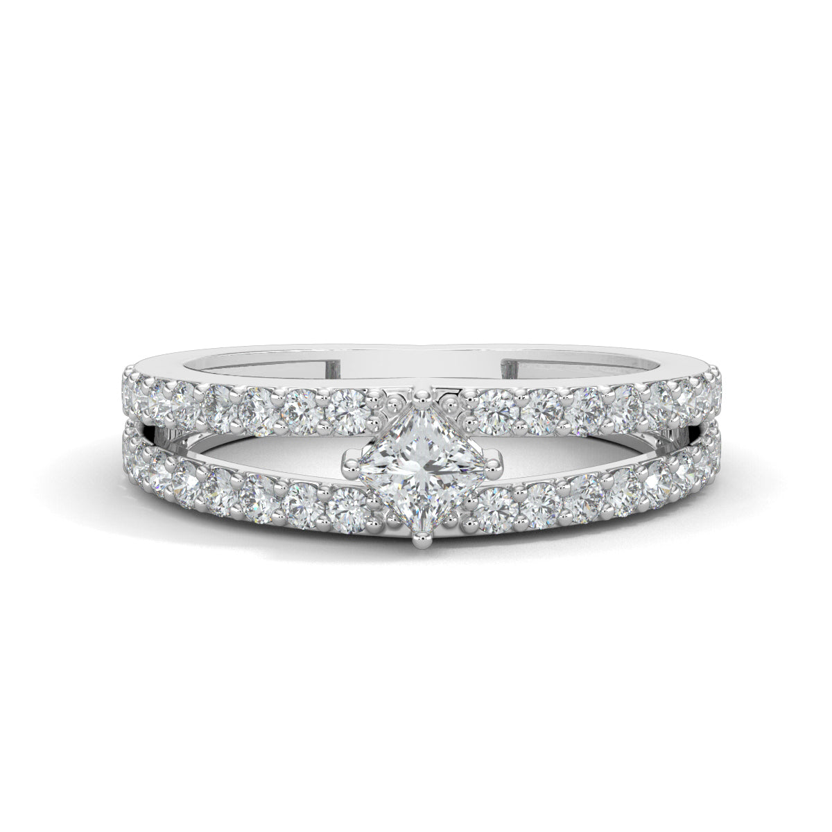 White Gold, Diamond Ring, natural diamond ring, Lab-grown diamond ring, split shank diamond ring, everyday diamond ring, princess cut diamond, round diamond accents, elegant diamond jewelry