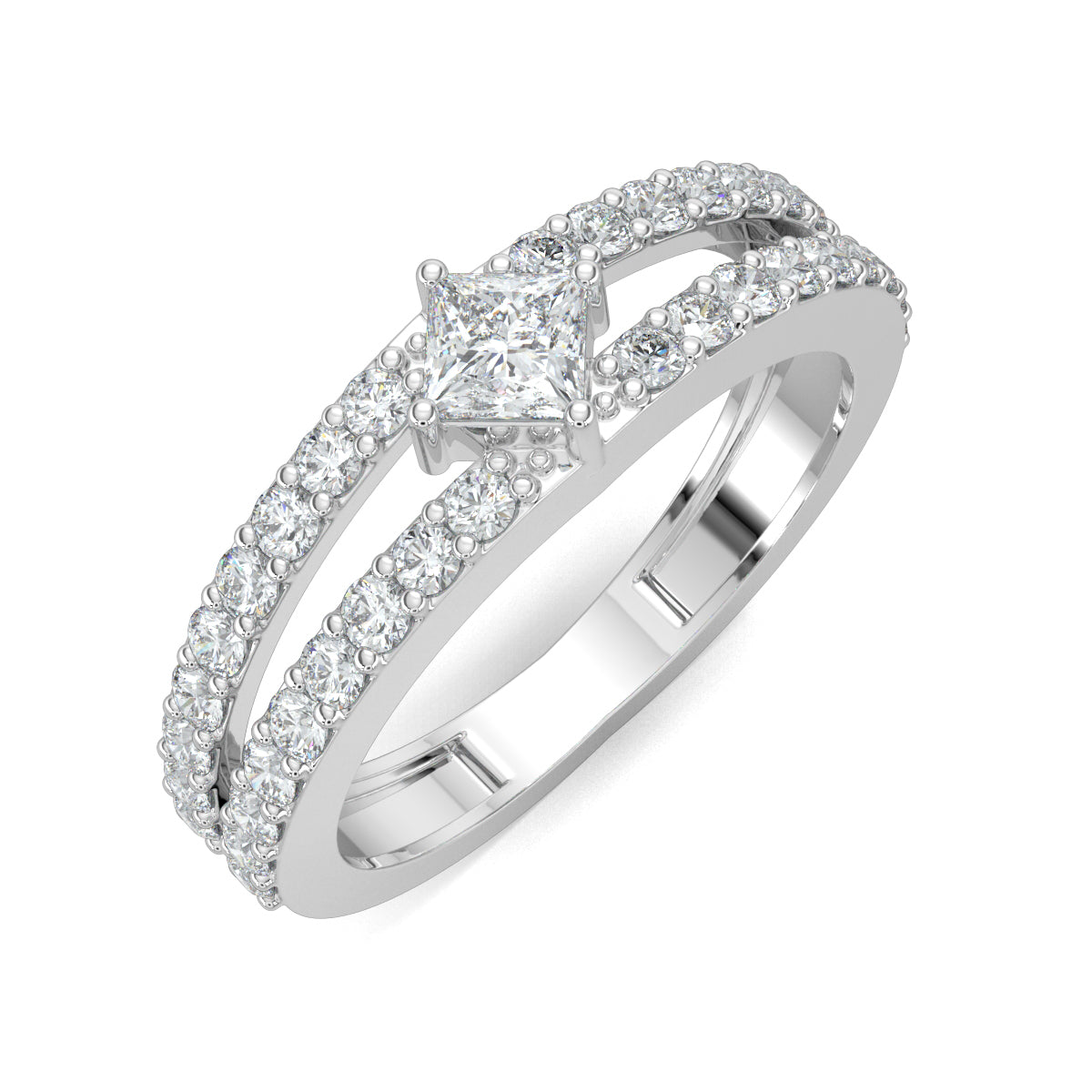 White Gold, Diamond Ring, natural diamond ring, Lab-grown diamond ring, split shank diamond ring, everyday diamond ring, princess cut diamond, round diamond accents, elegant diamond jewelry
