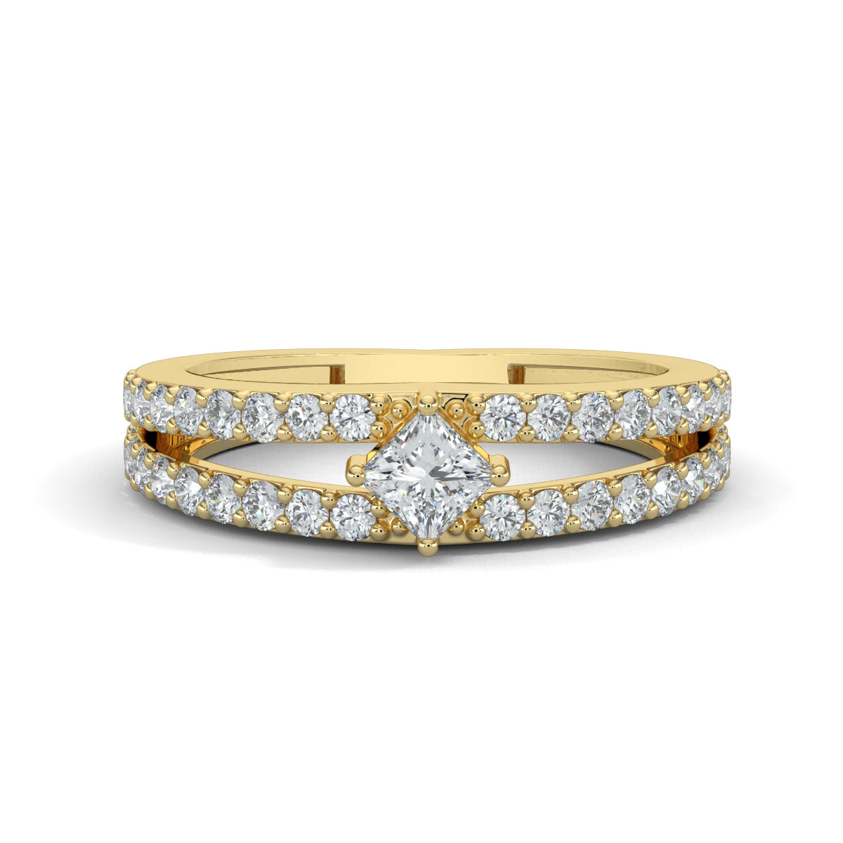 Yellow Gold, Diamond Ring, natural diamond ring, Lab-grown diamond ring, split shank diamond ring, everyday diamond ring, princess cut diamond, round diamond accents, elegant diamond jewelry