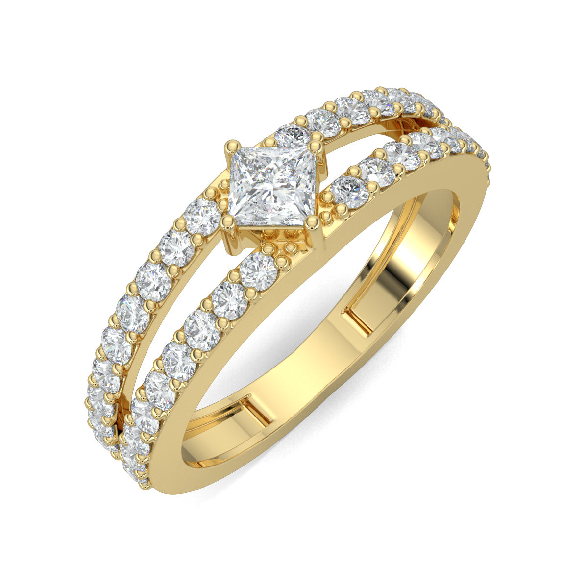 Yellow Gold, Diamond Ring, natural diamond ring, Lab-grown diamond ring, split shank diamond ring, everyday diamond ring, princess cut diamond, round diamond accents, elegant diamond jewelry