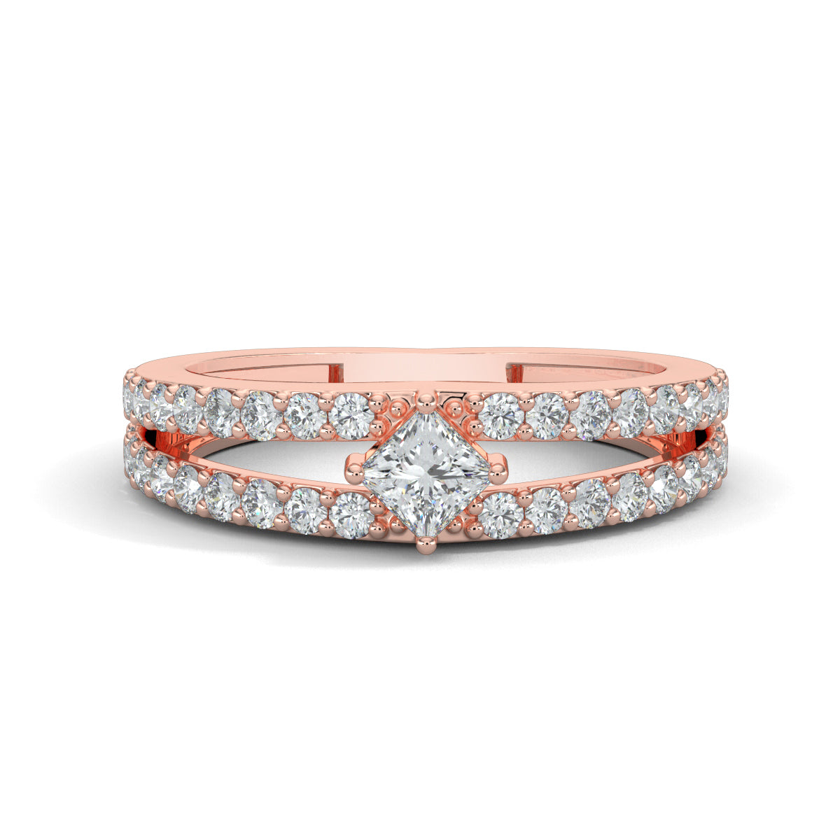 Rose Gold, Diamond Ring, natural diamond ring, Lab-grown diamond ring, split shank diamond ring, everyday diamond ring, princess cut diamond, round diamond accents, elegant diamond jewelry
