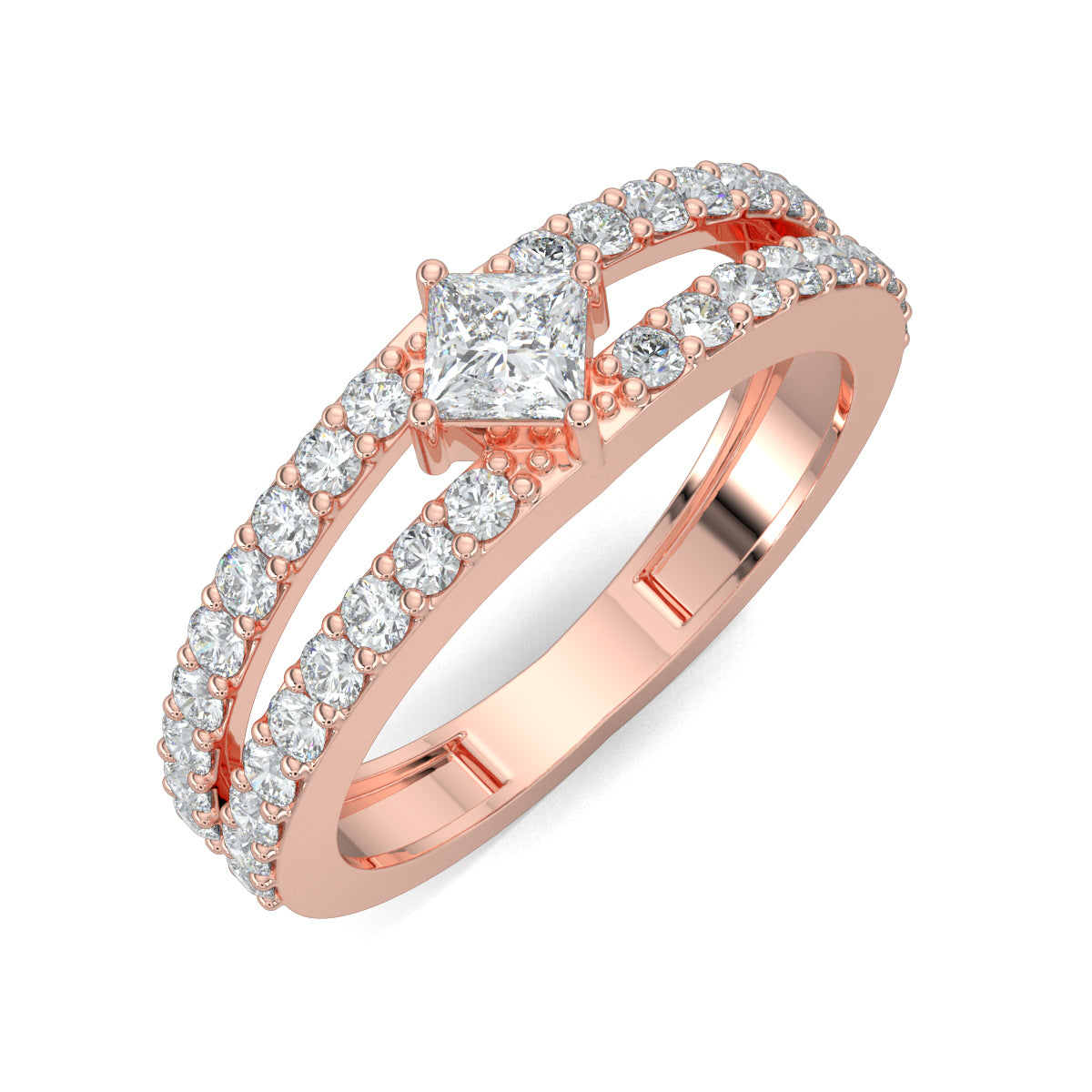Rose Gold, Diamond Ring, natural diamond ring, Lab-grown diamond ring, split shank diamond ring, everyday diamond ring, princess cut diamond, round diamond accents, elegant diamond jewelry
