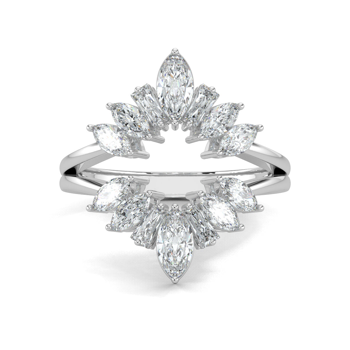 White Gold, Diamond Ring, Elegant MarqBag Ring, Natural Diamonds, Lab-Grown Diamonds, Everyday Ring, Split Shank Band, Marquise Diamonds, Baguette Diamonds, Sustainable Jewelry
