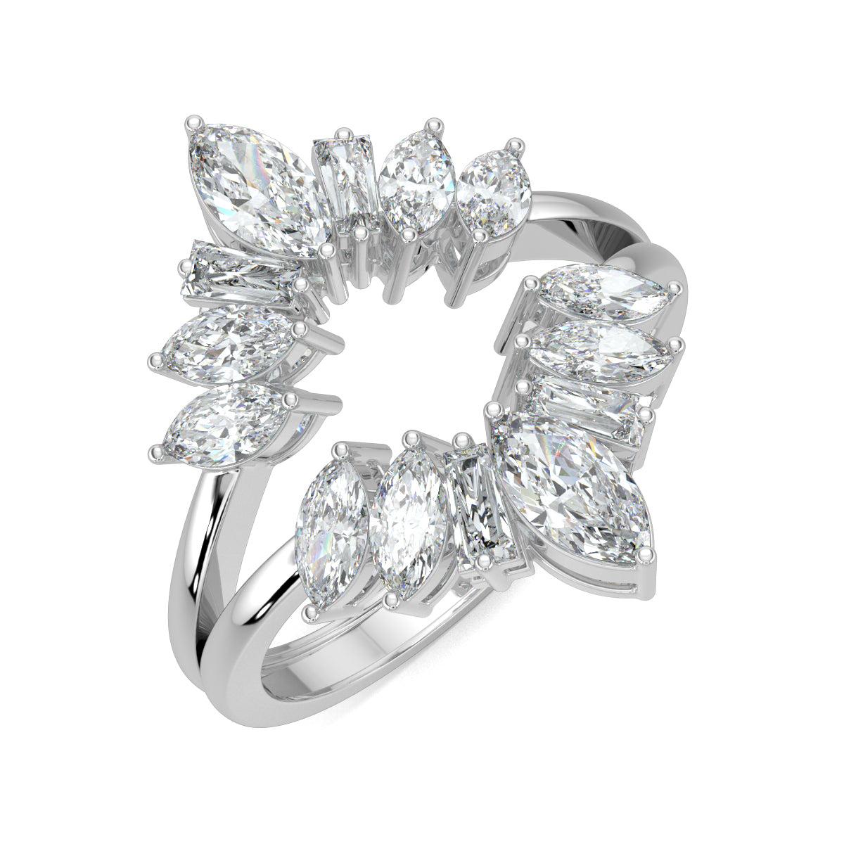 White Gold, Diamond Ring, Elegant MarqBag Ring, Natural Diamonds, Lab-Grown Diamonds, Everyday Ring, Split Shank Band, Marquise Diamonds, Baguette Diamonds, Sustainable Jewelry