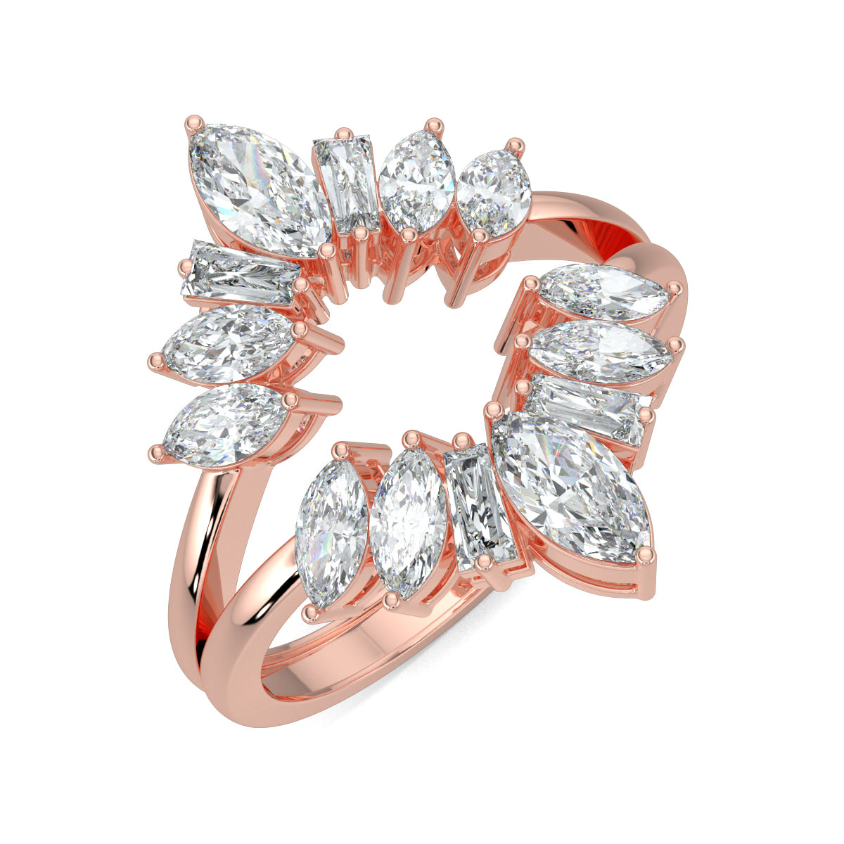 Rose Gold, Diamond Ring, Elegant MarqBag Ring, Natural Diamonds, Lab-Grown Diamonds, Everyday Ring, Split Shank Band, Marquise Diamonds, Baguette Diamonds, Sustainable Jewelry