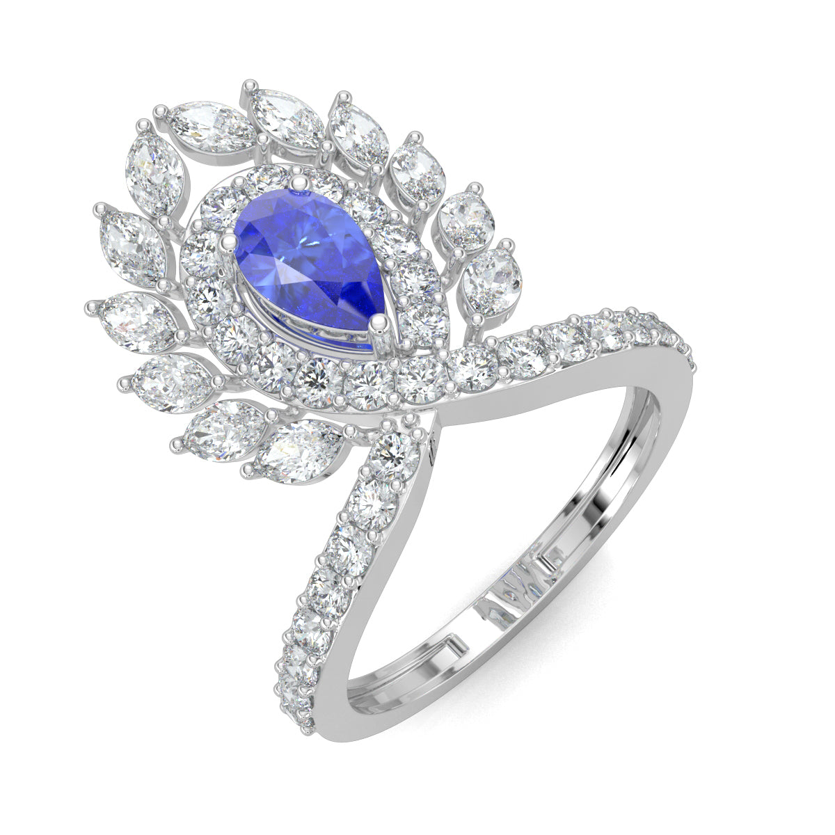 White Gold, Diamond Ring, Natural diamond ring, Majestic plume diamond ring, cocktail ring, lab-grown diamonds, blue sapphire diamond, pear-shaped diamonds, round diamonds, marquise diamonds, luxurious ring, statement jewelry