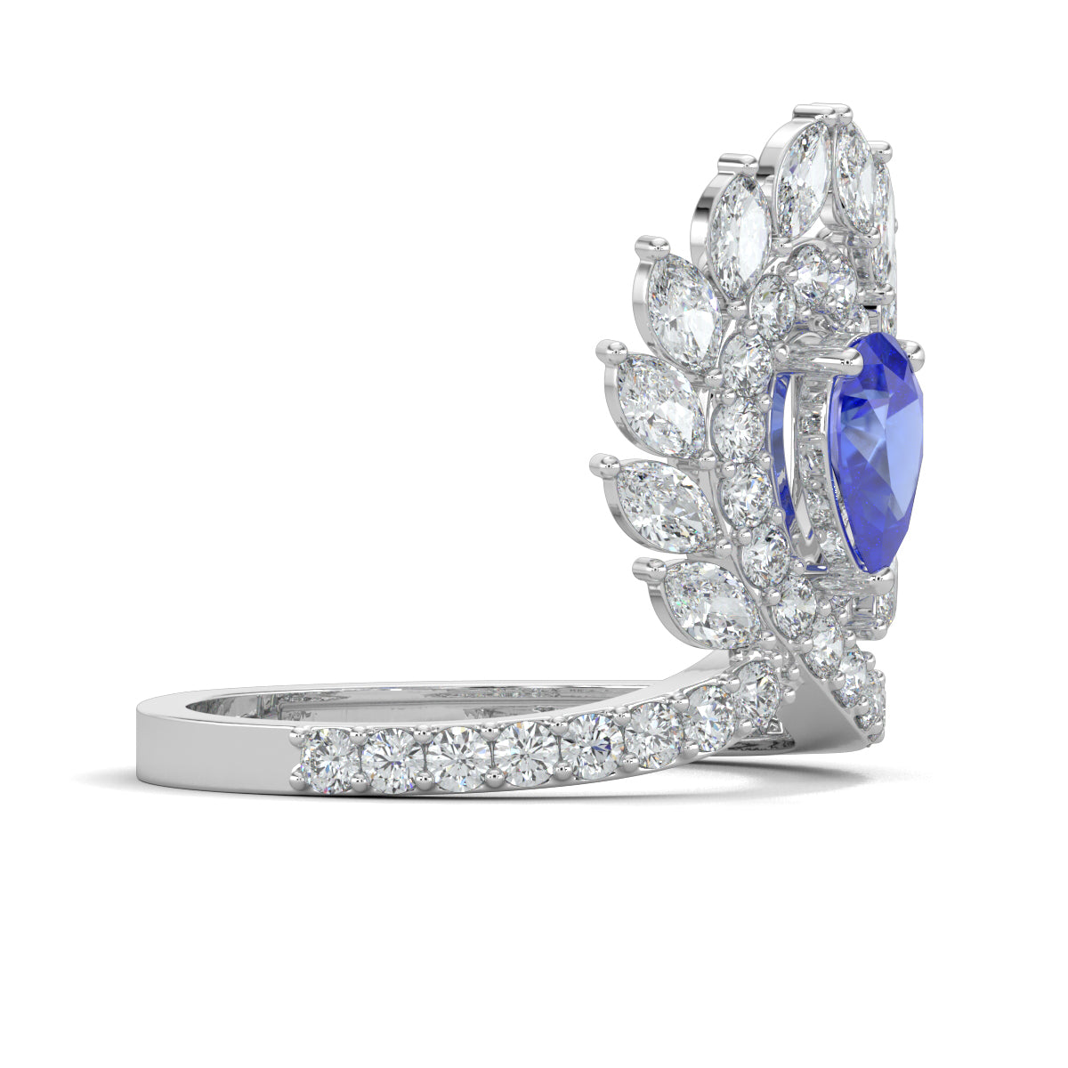 White Gold, Diamond Ring, Natural diamond ring, Majestic plume diamond ring, cocktail ring, lab-grown diamonds, blue sapphire diamond, pear-shaped diamonds, round diamonds, marquise diamonds, luxurious ring, statement jewelry