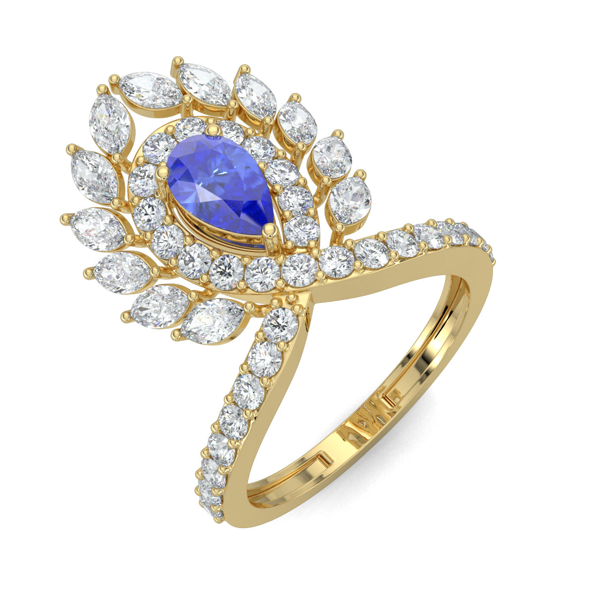 Yellow Gold, Diamond Ring, Natural diamond ring, Majestic plume diamond ring, cocktail ring, lab-grown diamonds, blue sapphire diamond, pear-shaped diamonds, round diamonds, marquise diamonds, luxurious ring, statement jewelry