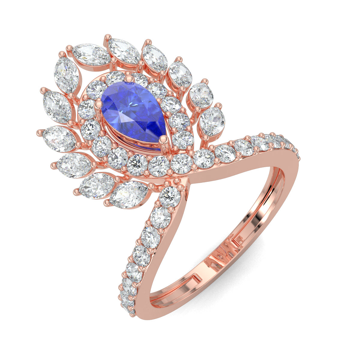 Rose Gold, Diamond Ring, Natural diamond ring, Majestic plume diamond ring, cocktail ring, lab-grown diamonds, blue sapphire diamond, pear-shaped diamonds, round diamonds, marquise diamonds, luxurious ring, statement jewelry