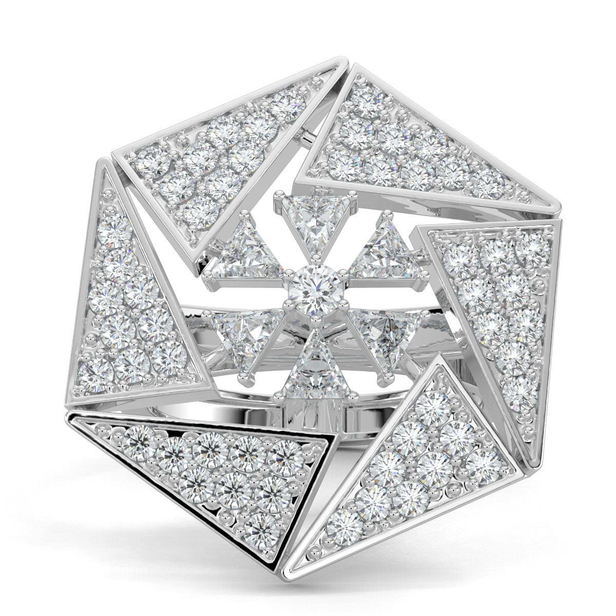 White Gold, Diamond Ring, dazzling trilliant statement ring, natural diamonds, lab-grown diamonds, trilliant diamonds, round diamonds, cocktail ring, statement jewelry, luxury ring, bold sparkle ring