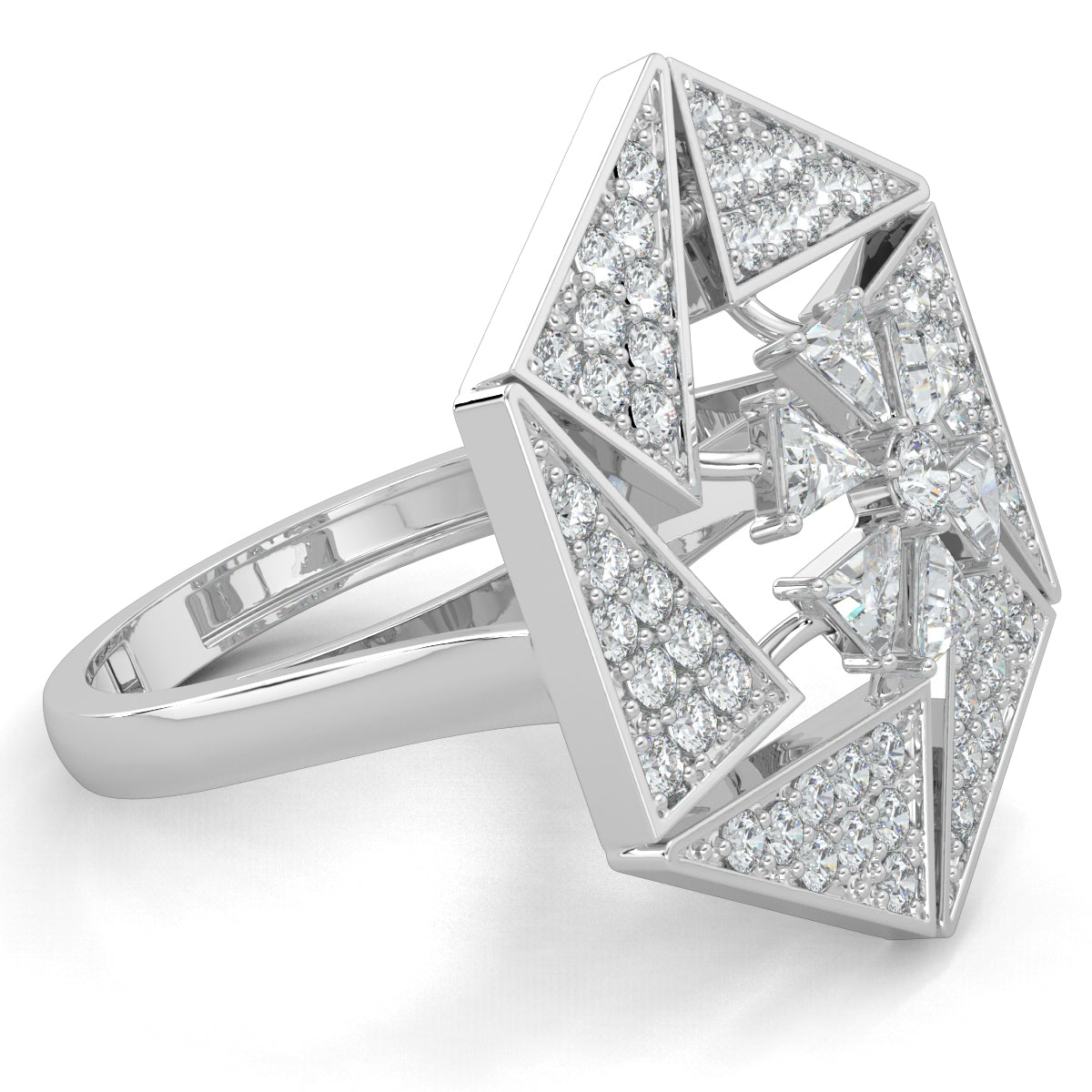 White Gold, Diamond Ring, dazzling trilliant statement ring, natural diamonds, lab-grown diamonds, trilliant diamonds, round diamonds, cocktail ring, statement jewelry, luxury ring, bold sparkle ring