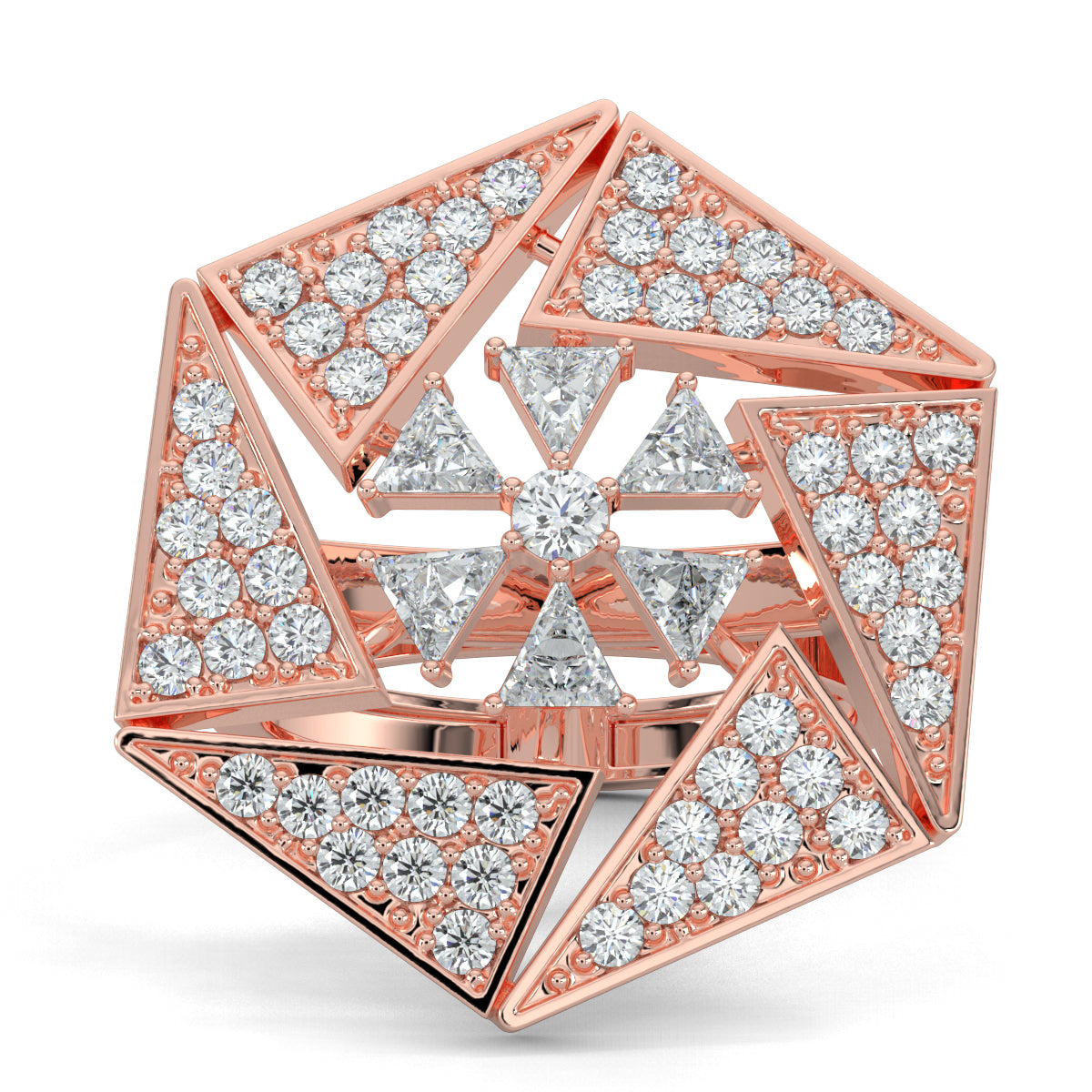 Rose Gold, Diamond Ring, dazzling trilliant statement ring, natural diamonds, lab-grown diamonds, trilliant diamonds, round diamonds, cocktail ring, statement jewelry, luxury ring, bold sparkle ring