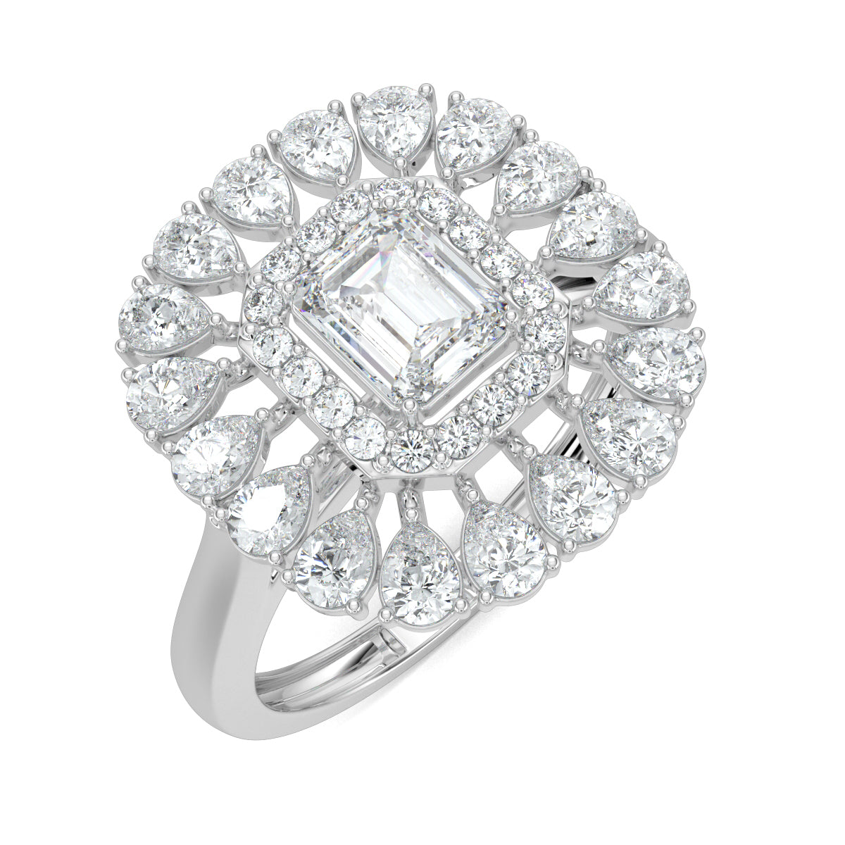 White Gold, Diamond Ring, natural diamond ring, lab-grown diamond ring, exquisite diamond ring, emerald shape diamond, round diamond border, pear-shaped diamond accents, elegant jewelry, statement ring, cocktail ring