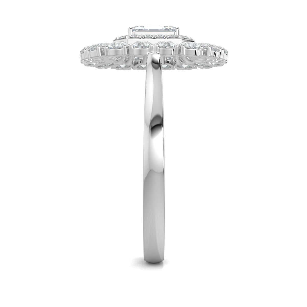 White Gold, Diamond Ring, natural diamond ring, lab-grown diamond ring, exquisite diamond ring, emerald shape diamond, round diamond border, pear-shaped diamond accents, elegant jewelry, statement ring, cocktail ring