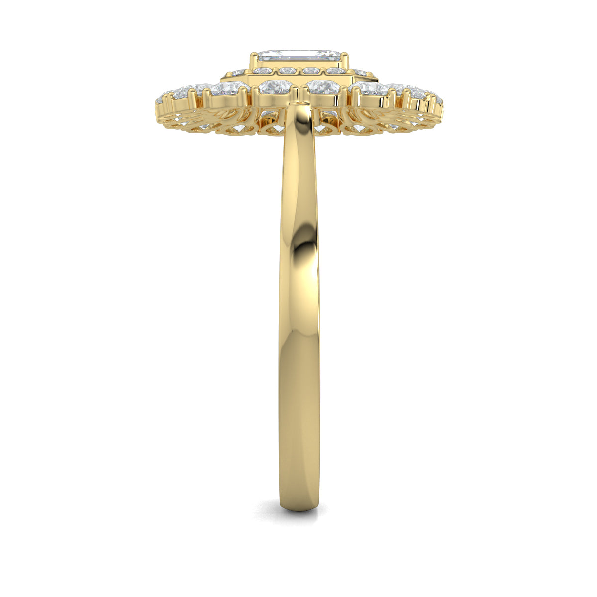 Yellow Gold, Diamond Ring, natural diamond ring, lab-grown diamond ring, exquisite diamond ring, emerald shape diamond, round diamond border, pear-shaped diamond accents, elegant jewelry, statement ring, cocktail ring