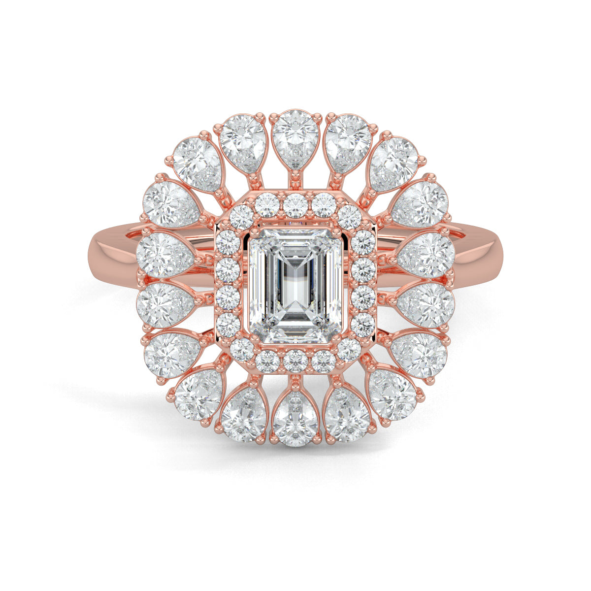 Rose Gold, Diamond Ring, natural diamond ring, lab-grown diamond ring, exquisite diamond ring, emerald shape diamond, round diamond border, pear-shaped diamond accents, elegant jewelry, statement ring, cocktail ring