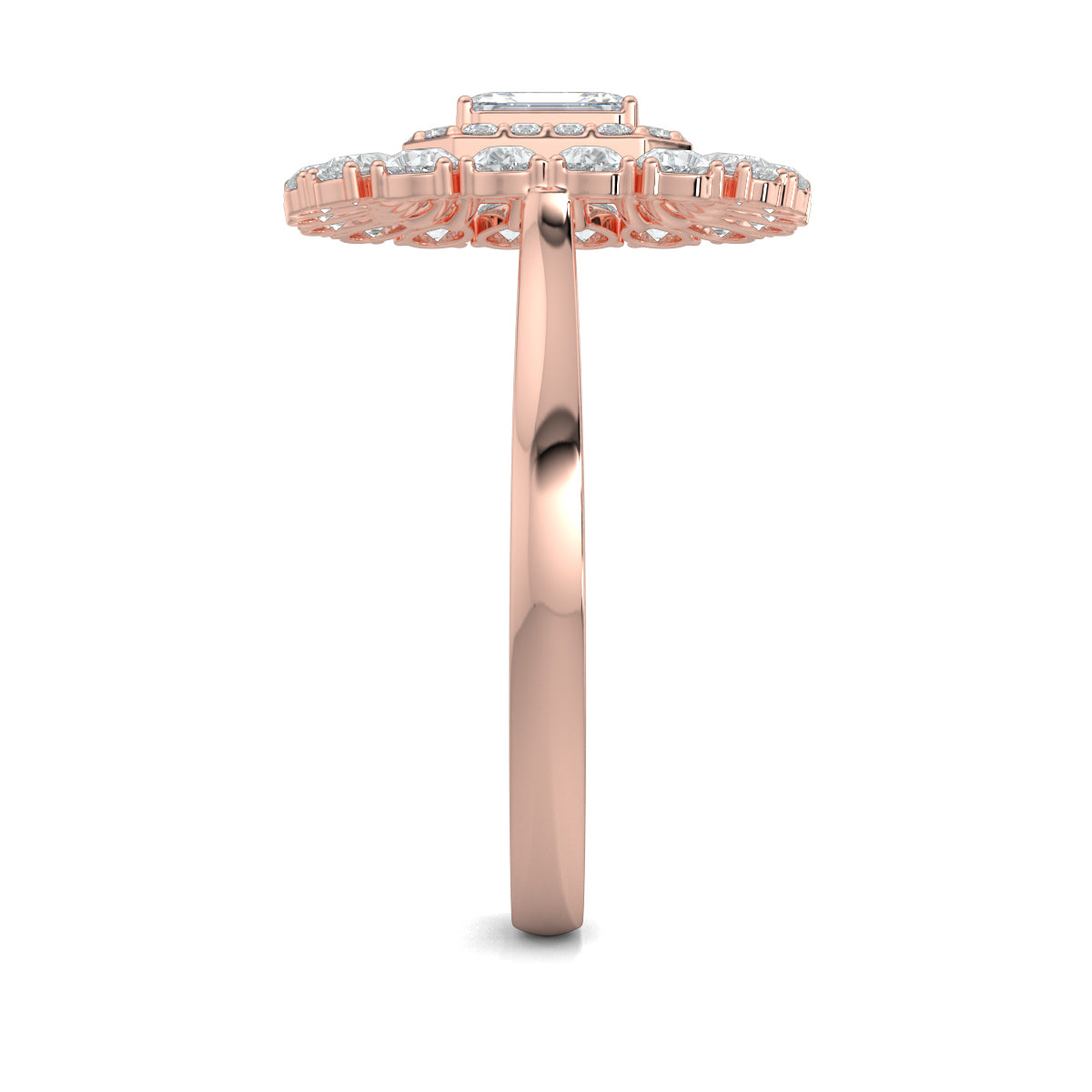 Rose Gold, Diamond Ring, natural diamond ring, lab-grown diamond ring, exquisite diamond ring, emerald shape diamond, round diamond border, pear-shaped diamond accents, elegant jewelry, statement ring, cocktail ring