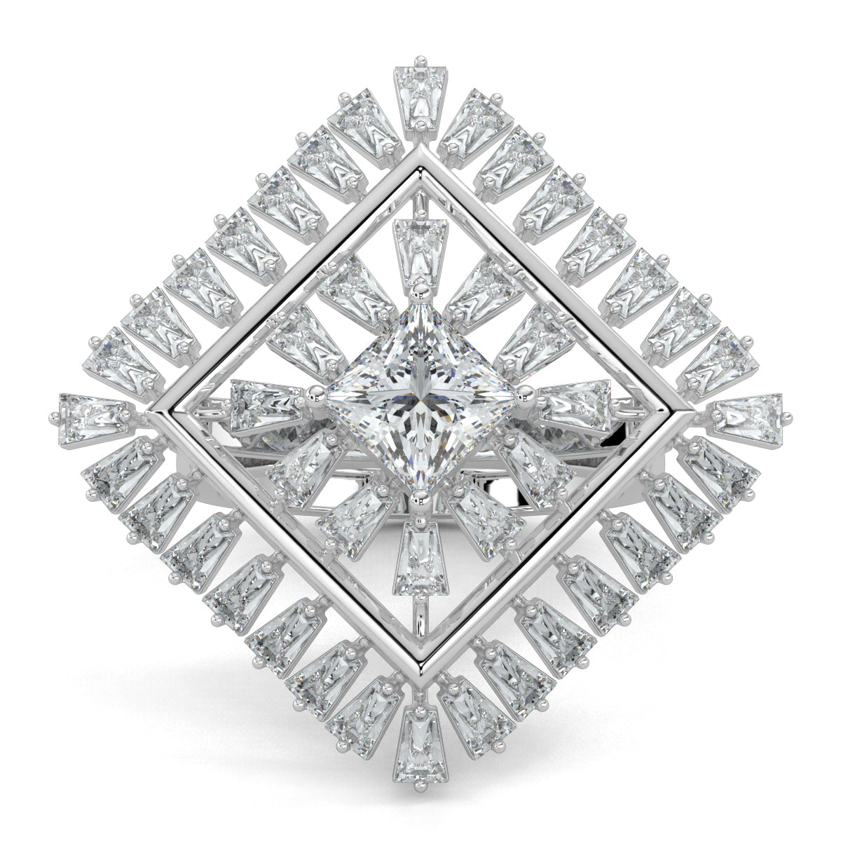 White Gold, Diamond Ring, natural diamond ring, lab-grown diamond ring, Opulent Crown Diamond Ring, Cocktail ring with basket setting, Princess cut diamond, Baguette diamond accents, Luxury diamond jewelry, Ethical diamond ring, Statement cocktail ring