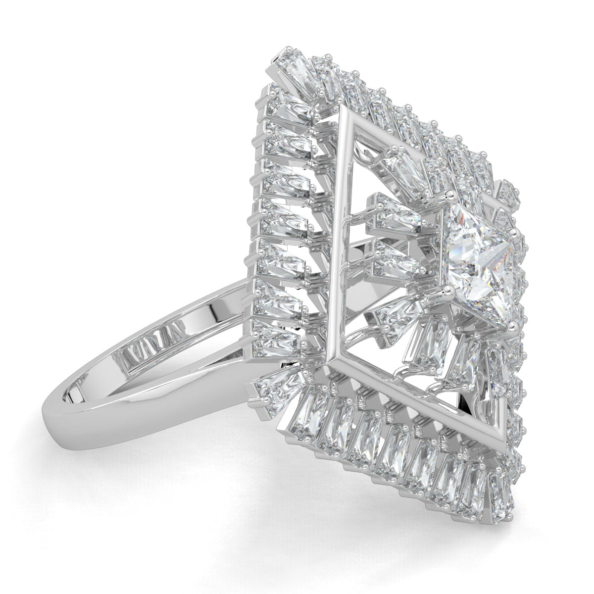 White Gold, Diamond Ring, natural diamond ring, lab-grown diamond ring, Opulent Crown Diamond Ring, Cocktail ring with basket setting, Princess cut diamond, Baguette diamond accents, Luxury diamond jewelry, Ethical diamond ring, Statement cocktail ring