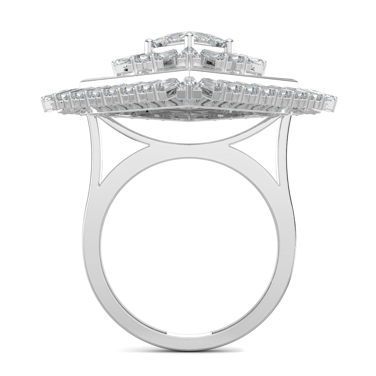 White Gold, Diamond Ring, natural diamond ring, lab-grown diamond ring, Opulent Crown Diamond Ring, Cocktail ring with basket setting, Princess cut diamond, Baguette diamond accents, Luxury diamond jewelry, Ethical diamond ring, Statement cocktail ring