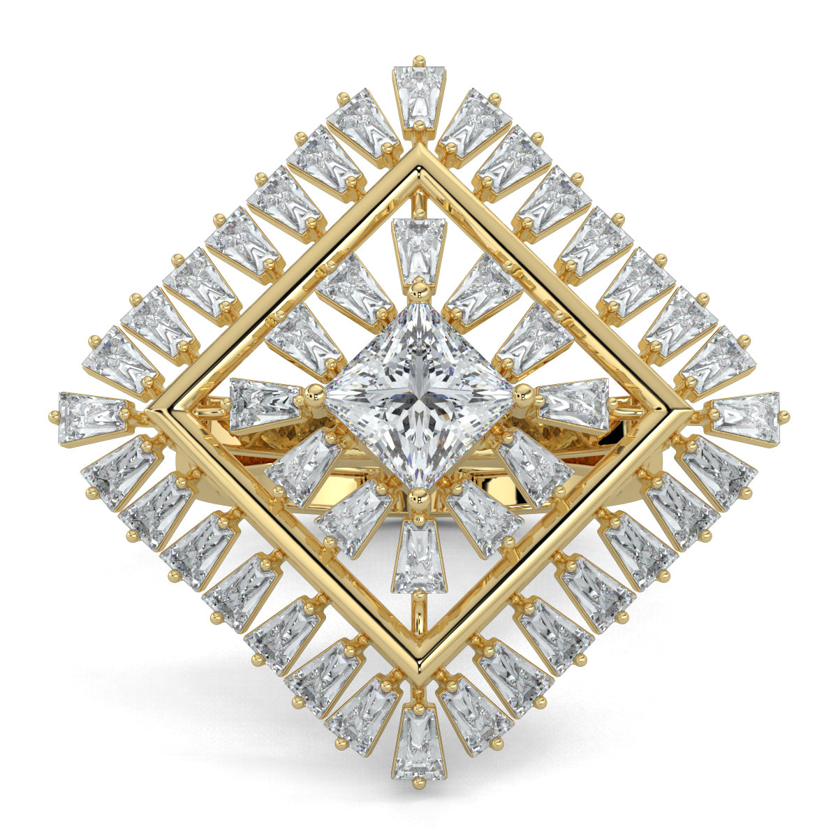 Yellow Gold, Diamond Ring, natural diamond ring, lab-grown diamond ring, Opulent Crown Diamond Ring, Cocktail ring with basket setting, Princess cut diamond, Baguette diamond accents, Luxury diamond jewelry, Ethical diamond ring, Statement cocktail ring