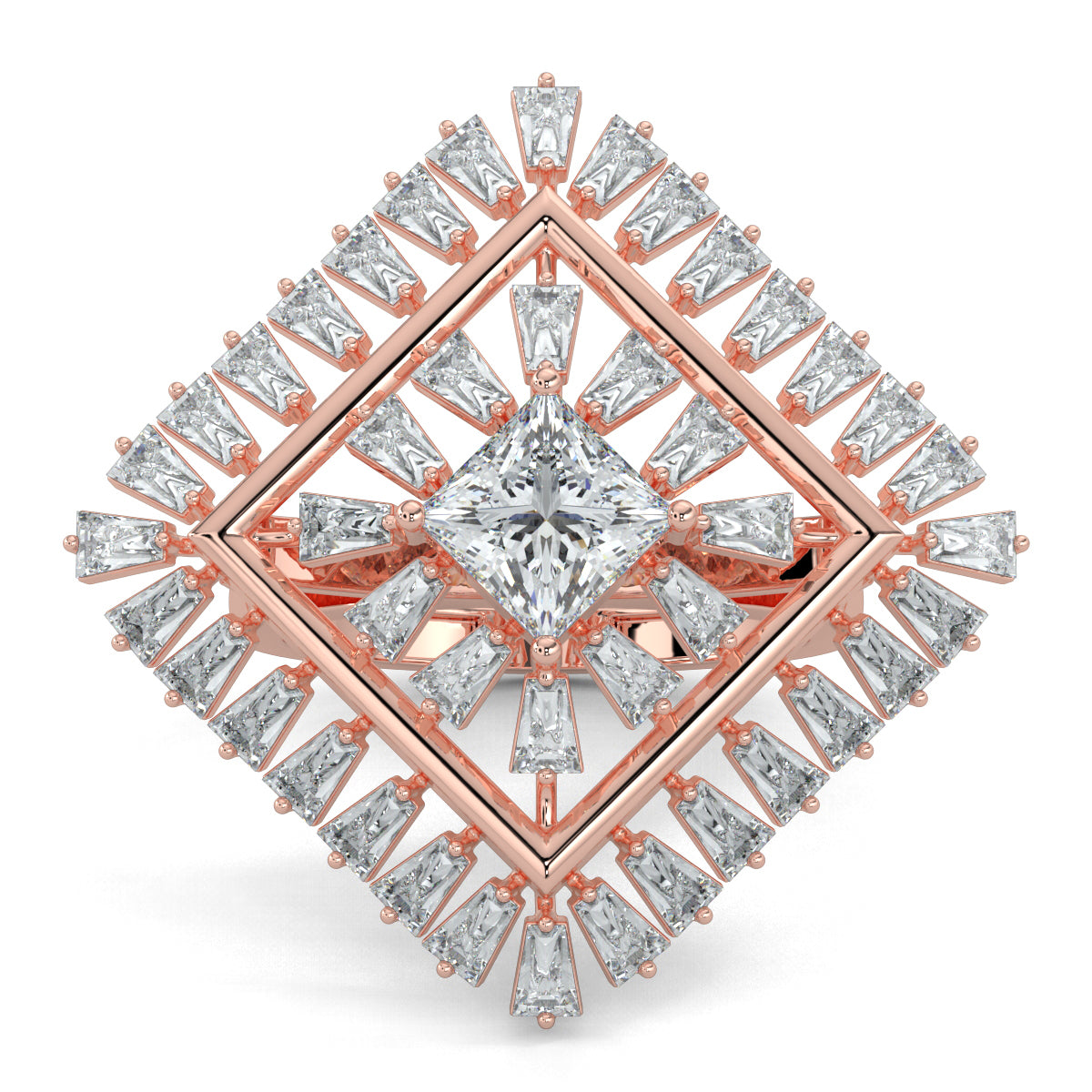 Rose Gold, Diamond Ring, natural diamond ring, lab-grown diamond ring, Opulent Crown Diamond Ring, Cocktail ring with basket setting, Princess cut diamond, Baguette diamond accents, Luxury diamond jewelry, Ethical diamond ring, Statement cocktail ring