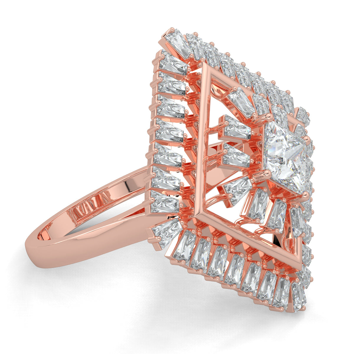 Rose Gold, Diamond Ring, natural diamond ring, lab-grown diamond ring, Opulent Crown Diamond Ring, Cocktail ring with basket setting, Princess cut diamond, Baguette diamond accents, Luxury diamond jewelry, Ethical diamond ring, Statement cocktail ring