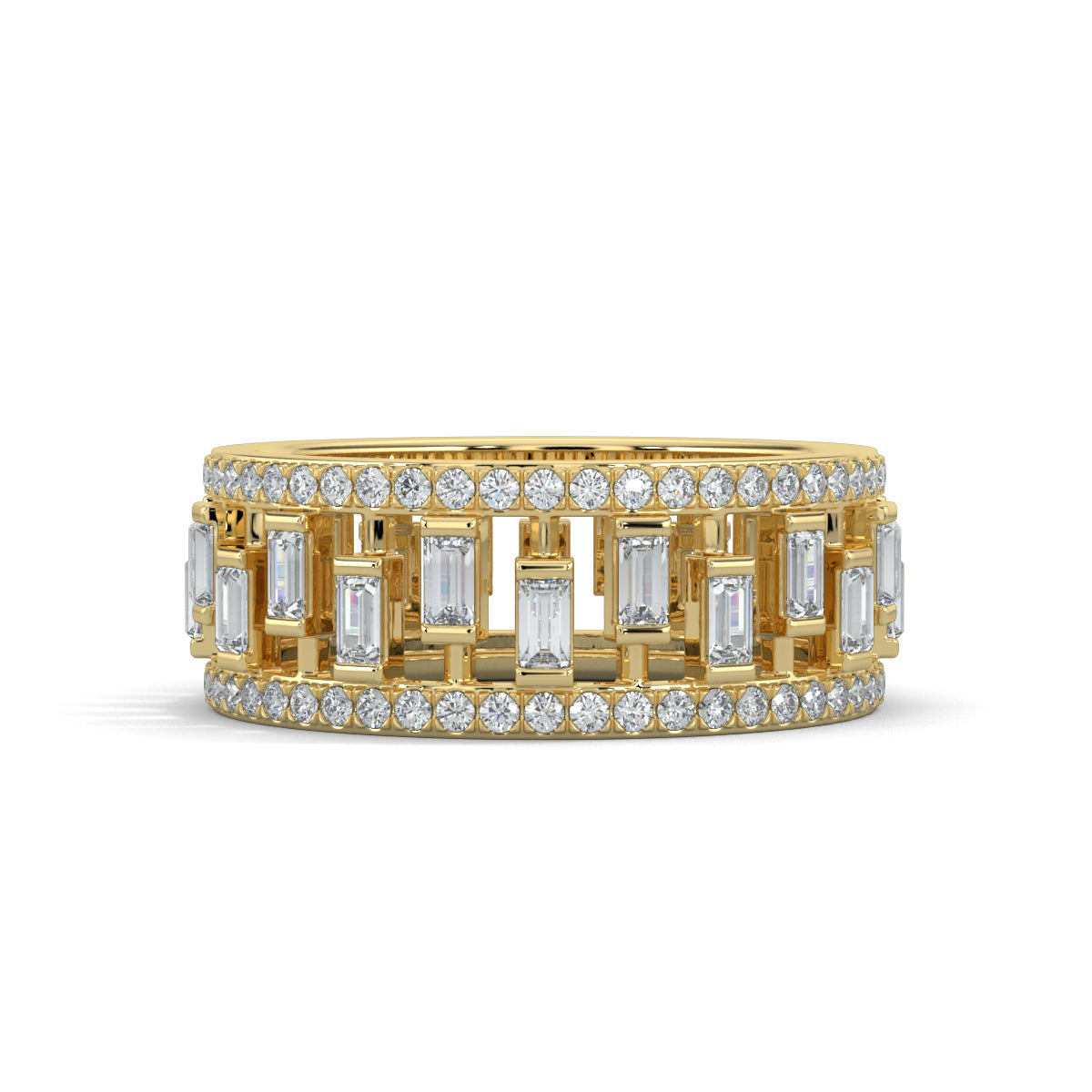 Yellow Gold, Diamond Ring, natural diamond ring, lab-grown diamond ring, dazzling baguette eternity band, round diamonds, baguette diamonds, eternity ring, diamond ring