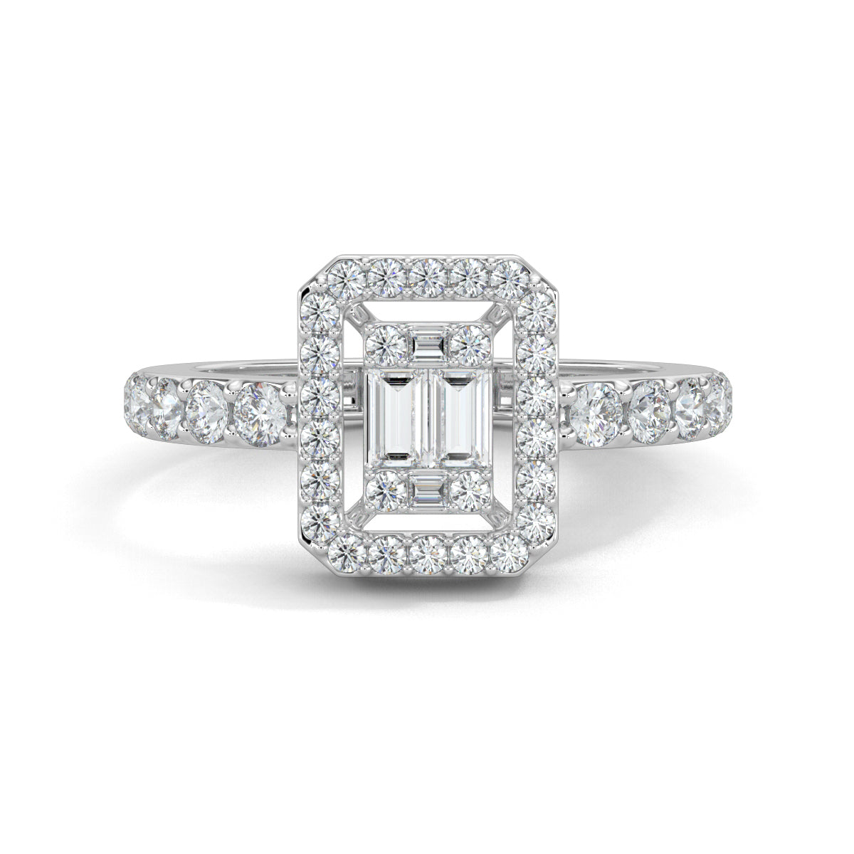 White Gold, Diamond Ring, natural diamond ring, lab-grown diamond ring, Emerald Illusion Diamond Ring, Everyday Ring, Emerald Shape, Round Diamonds, Baguette Diamonds, Pave Setting, Illusion Setting