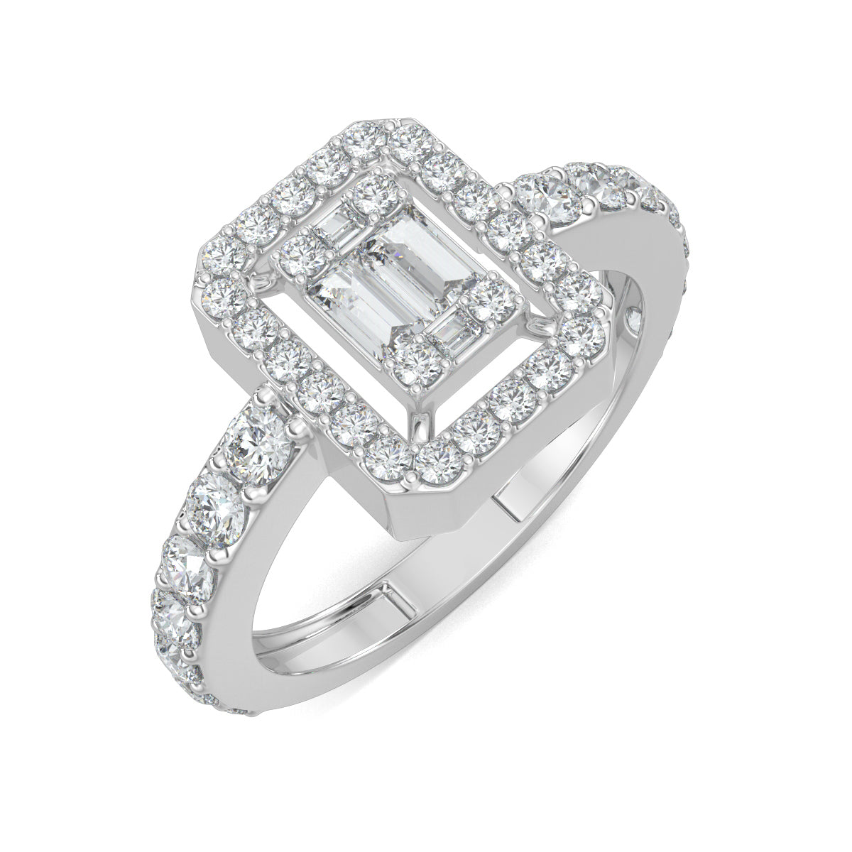 White Gold, Diamond Ring, natural diamond ring, lab-grown diamond ring, Emerald Illusion Diamond Ring, Everyday Ring, Emerald Shape, Round Diamonds, Baguette Diamonds, Pave Setting, Illusion Setting
