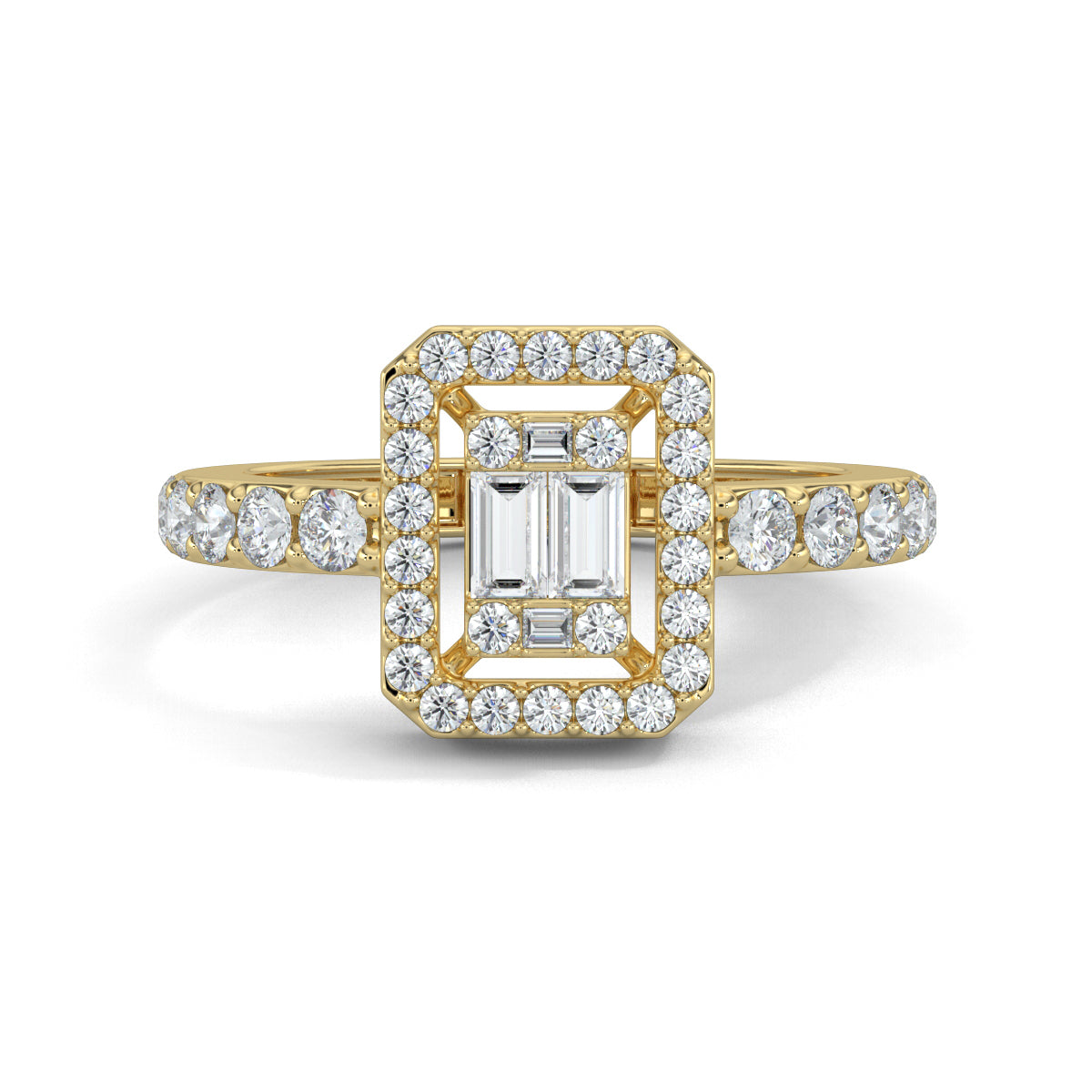 Yellow Gold, Diamond Ring, natural diamond ring, lab-grown diamond ring, Emerald Illusion Diamond Ring, Everyday Ring, Emerald Shape, Round Diamonds, Baguette Diamonds, Pave Setting, Illusion Setting