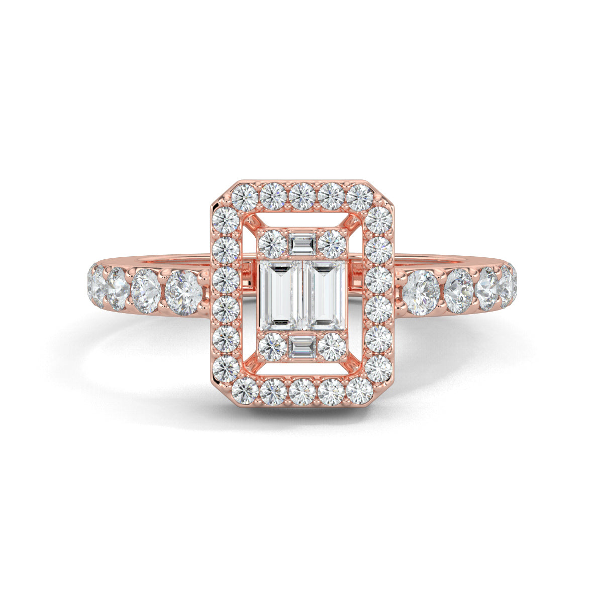 Rose Gold, Diamond Ring, natural diamond ring, lab-grown diamond ring, Emerald Illusion Diamond Ring, Everyday Ring, Emerald Shape, Round Diamonds, Baguette Diamonds, Pave Setting, Illusion Setting