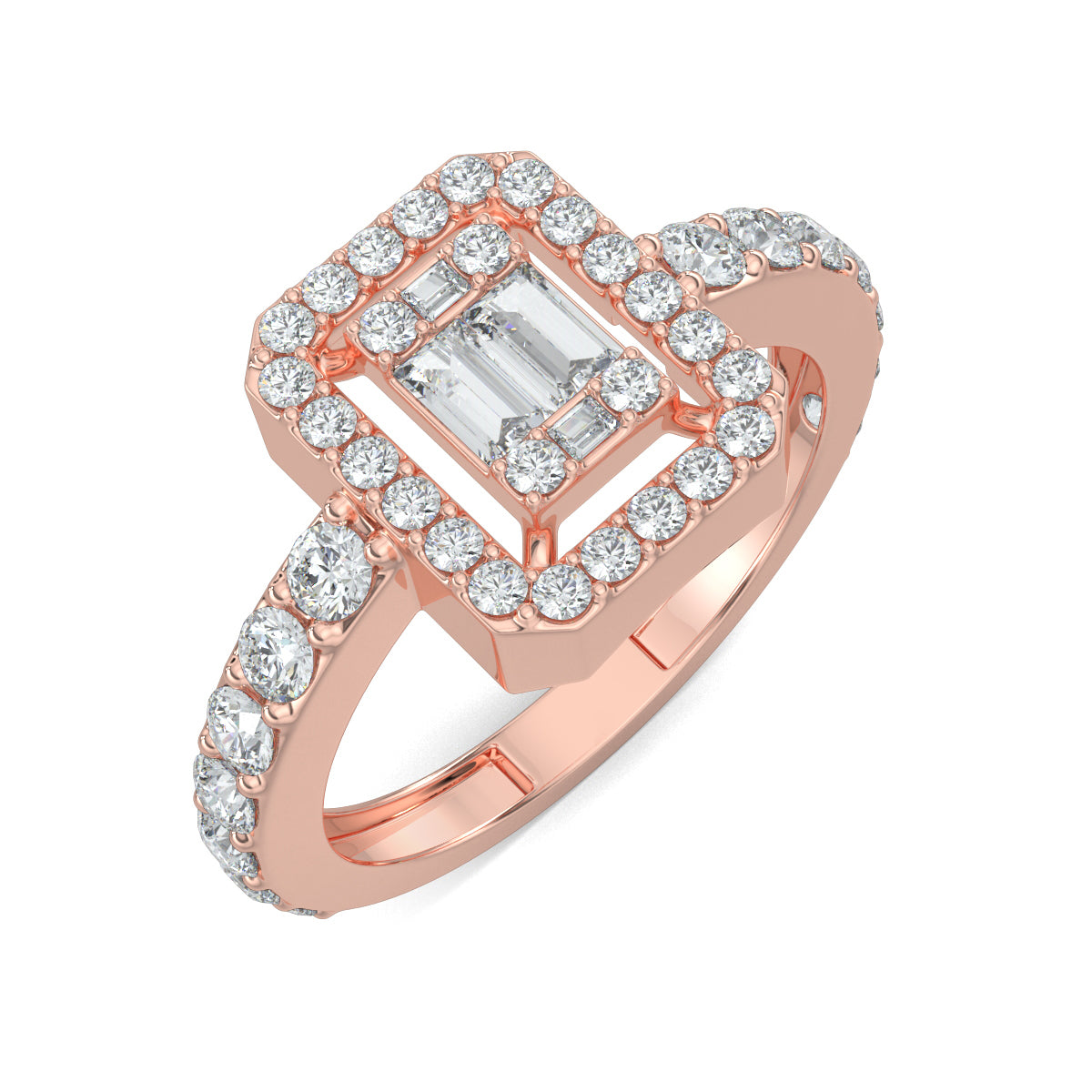 Rose Gold, Diamond Ring, natural diamond ring, lab-grown diamond ring, Emerald Illusion Diamond Ring, Everyday Ring, Emerald Shape, Round Diamonds, Baguette Diamonds, Pave Setting, Illusion Setting