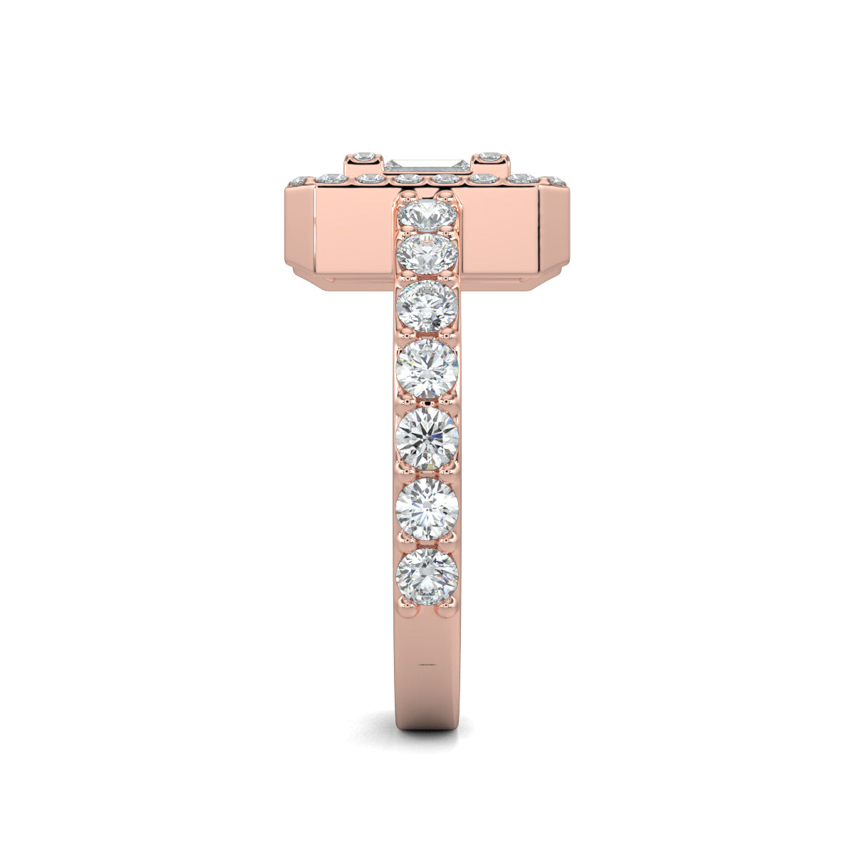 Rose Gold, Diamond Ring, natural diamond ring, lab-grown diamond ring, Emerald Illusion Diamond Ring, Everyday Ring, Emerald Shape, Round Diamonds, Baguette Diamonds, Pave Setting, Illusion Setting