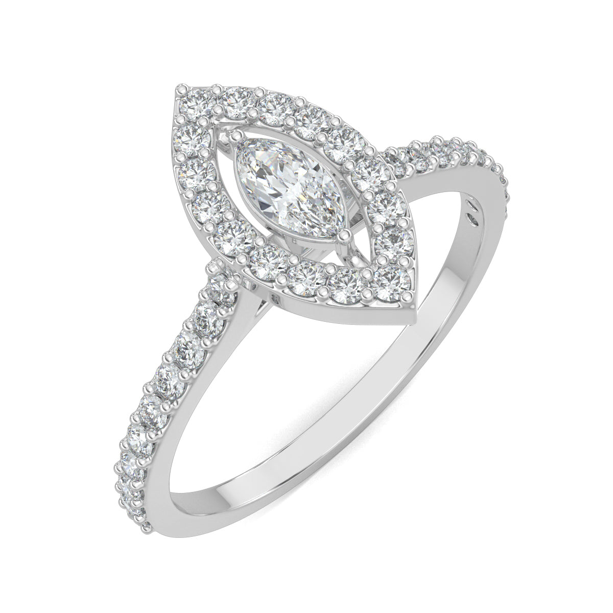 White Gold, Diamond Ring, natural diamond ring, lab-grown diamond ring, Glamourous marquise diamond ring, halo setting, pave-set diamonds, everyday jewelry, marquise shape diamond, sparkling diamond ring