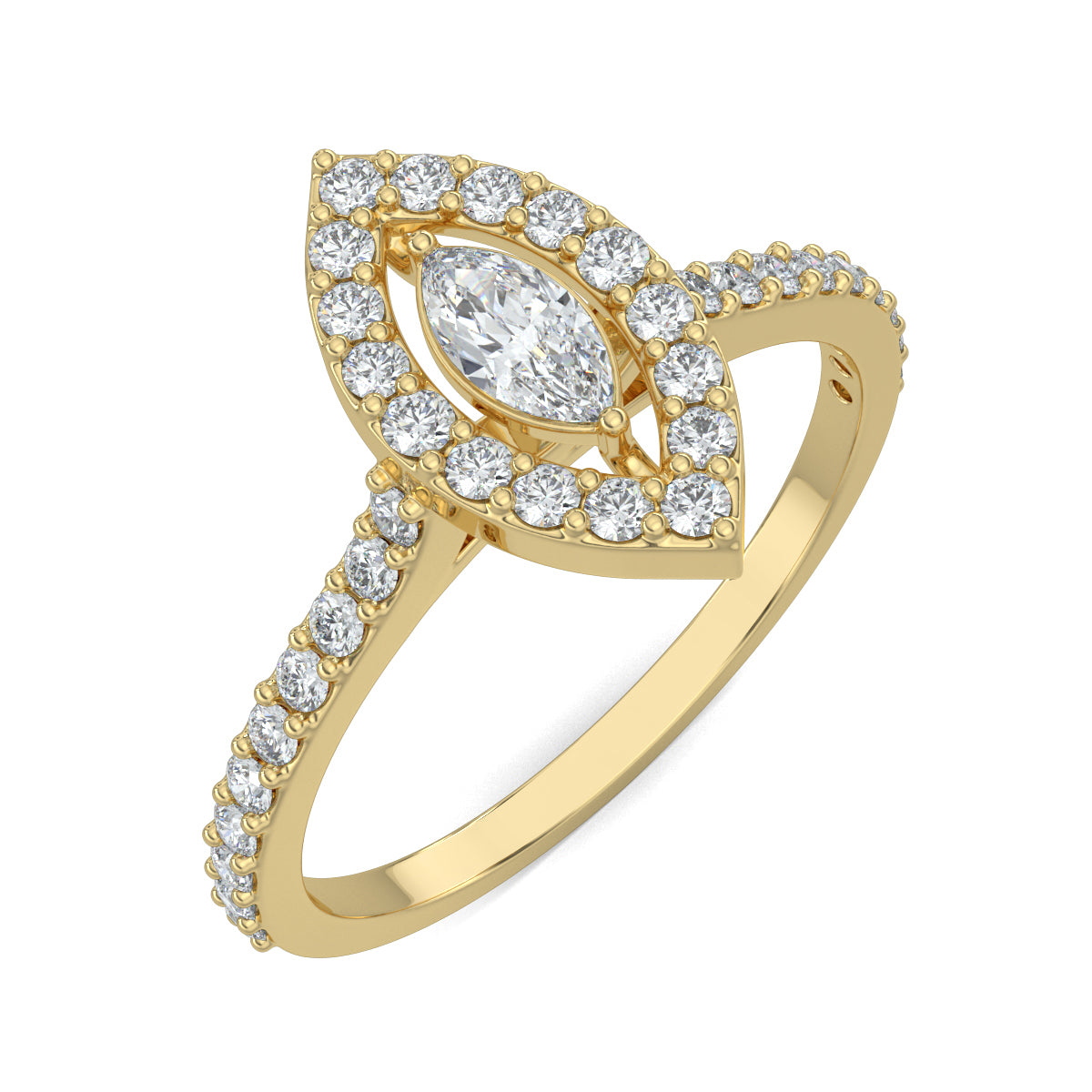 Yellow Gold, Diamond Ring, natural diamond ring, lab-grown diamond ring, Glamourous marquise diamond ring, halo setting, pave-set diamonds, everyday jewelry, marquise shape diamond, sparkling diamond ring