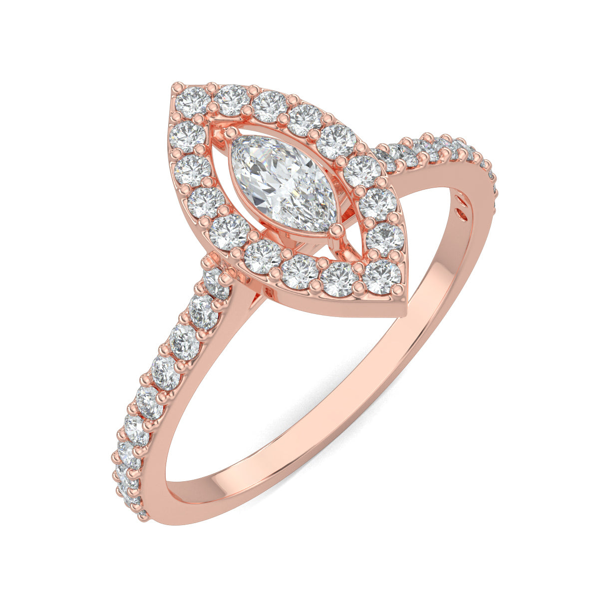 Rose Gold, Diamond Ring, natural diamond ring, lab-grown diamond ring, Glamourous marquise diamond ring, halo setting, pave-set diamonds, everyday jewelry, marquise shape diamond, sparkling diamond ring