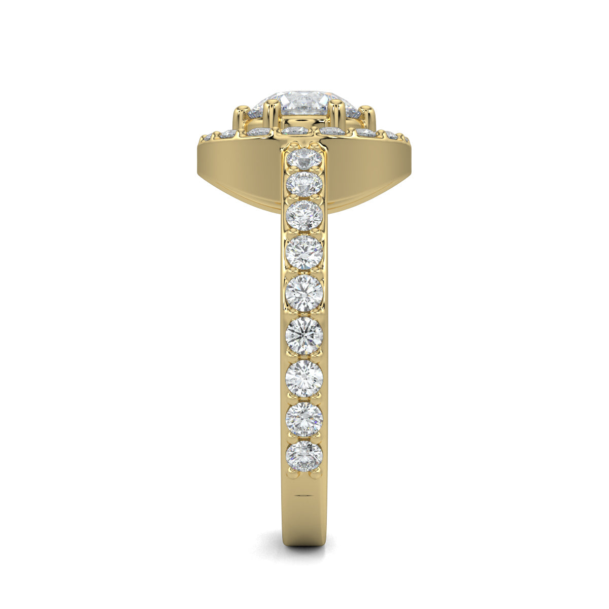Yellow Gold, Diamond Ring, natural diamond ring, lab-grown diamond ring, Everyday diamond ring, round diamond ring, halo setting, pave-set diamonds, elegant diamond ring, classic jewelry