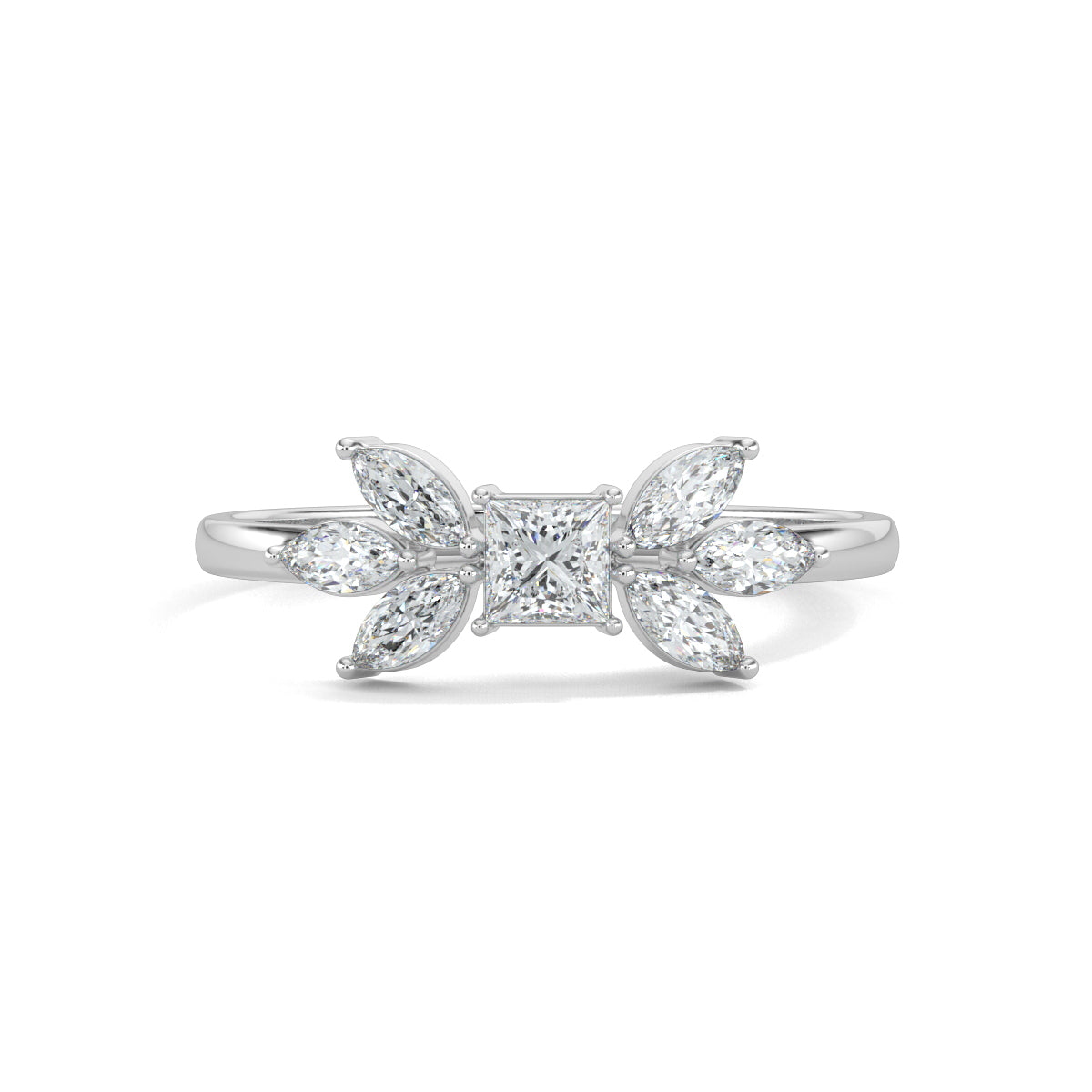 White Gold, Diamond Ring, Natural diamonds, lab-grown diamonds, princess cut diamond, marquise diamonds, everyday ring, classic band, elegance, sophistication, luxury jewelry