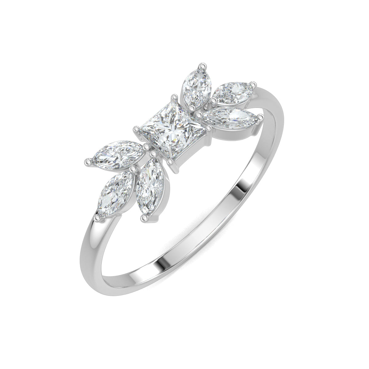 White Gold, Diamond Ring, Natural diamonds, lab-grown diamonds, princess cut diamond, marquise diamonds, everyday ring, classic band, elegance, sophistication, luxury jewelry