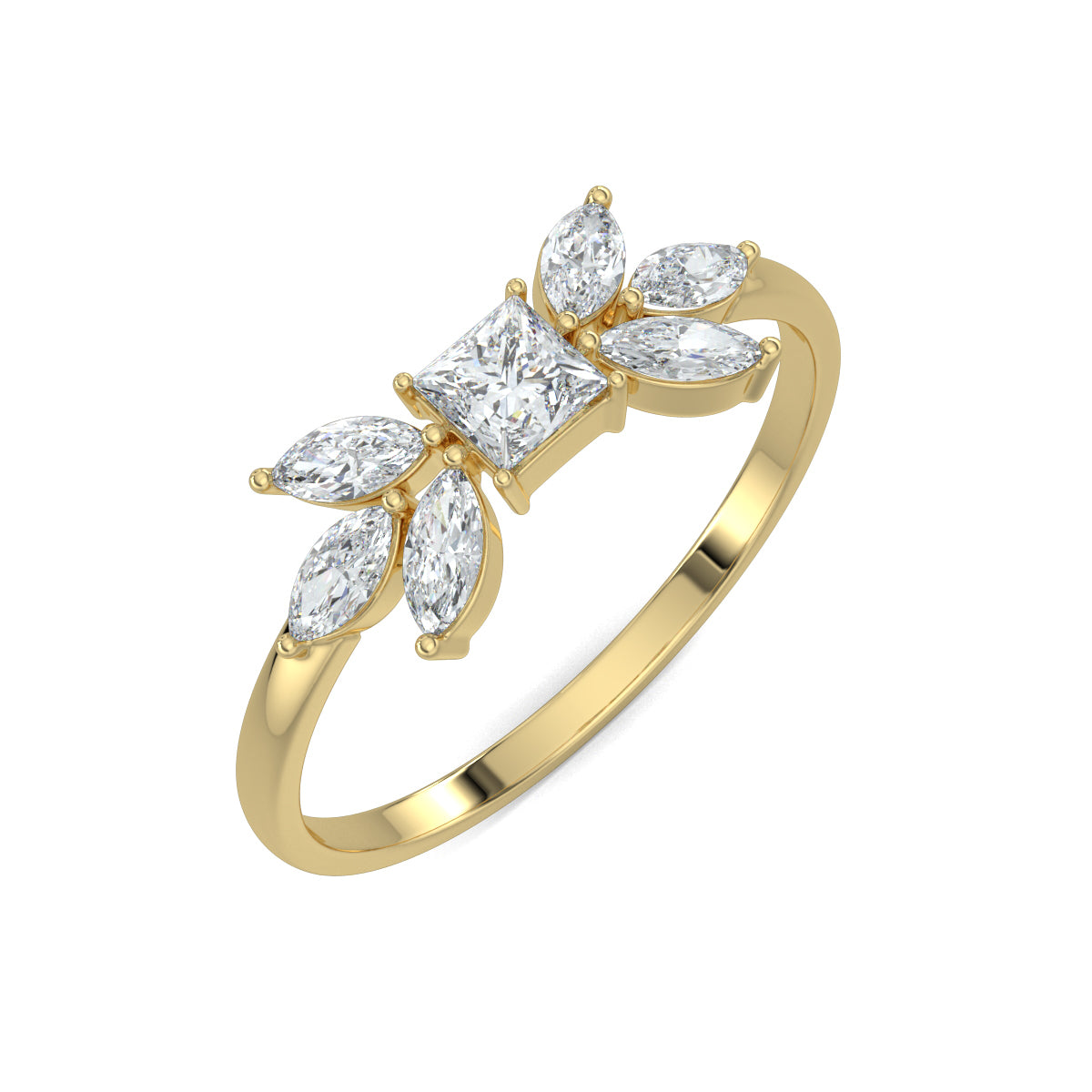 Yellow Gold, Diamond Ring, Natural diamonds, lab-grown diamonds, princess cut diamond, marquise diamonds, everyday ring, classic band, elegance, sophistication, luxury jewelry