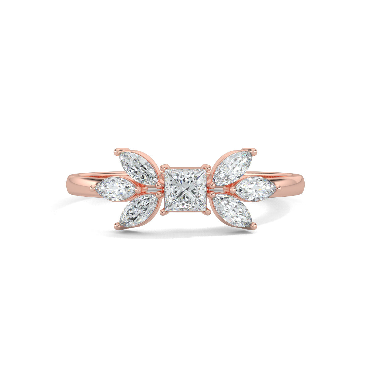 Rose Gold, Diamond Ring, Natural diamonds, lab-grown diamonds, princess cut diamond, marquise diamonds, everyday ring, classic band, elegance, sophistication, luxury jewelry