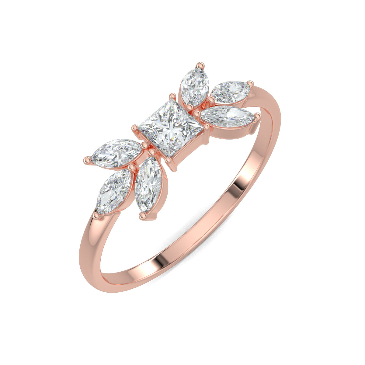 Rose Gold, Diamond Ring, Natural diamonds, lab-grown diamonds, princess cut diamond, marquise diamonds, everyday ring, classic band, elegance, sophistication, luxury jewelry