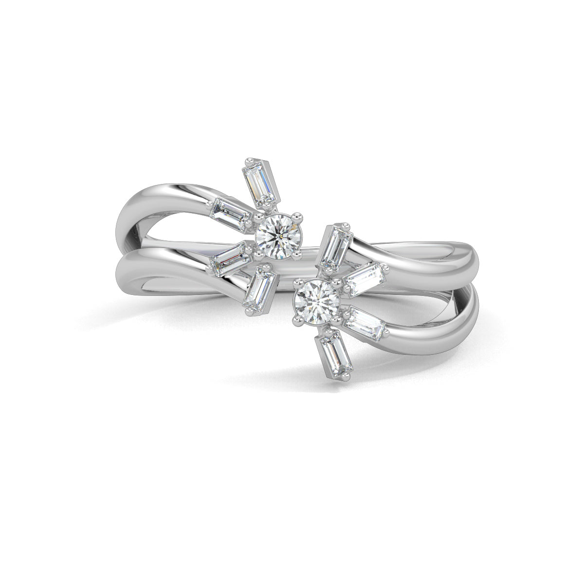 White Gold, Diamond Ring, Natura diamond ring, Lab-grown diamond ring, Mystic Flourish Diamond Ring, everyday diamond ring, split shank diamond ring, floral diamond ring, sustainable diamond jewelry, round diamond, baguette diamond, elegant diamond ring, enchanting diamond ring