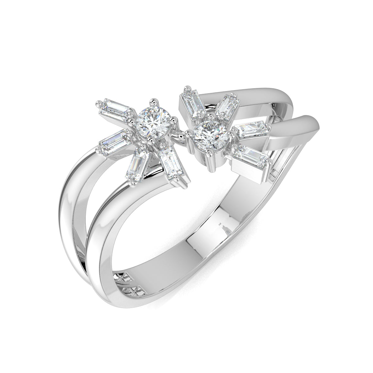 White Gold, Diamond Ring, Natura diamond ring, Lab-grown diamond ring, Mystic Flourish Diamond Ring, everyday diamond ring, split shank diamond ring, floral diamond ring, sustainable diamond jewelry, round diamond, baguette diamond, elegant diamond ring, enchanting diamond ring