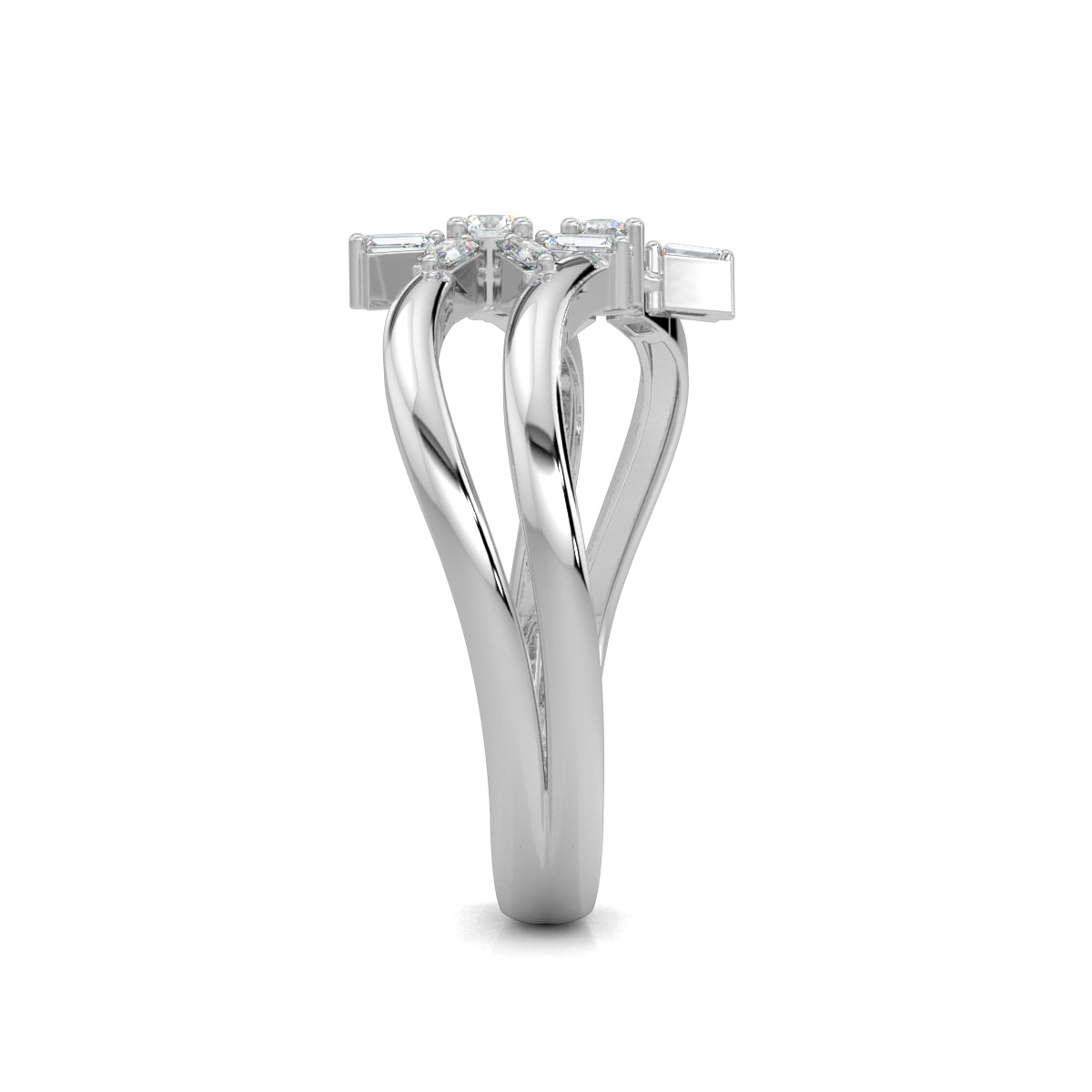 White Gold, Diamond Ring, Natura diamond ring, Lab-grown diamond ring, Mystic Flourish Diamond Ring, everyday diamond ring, split shank diamond ring, floral diamond ring, sustainable diamond jewelry, round diamond, baguette diamond, elegant diamond ring, enchanting diamond ring