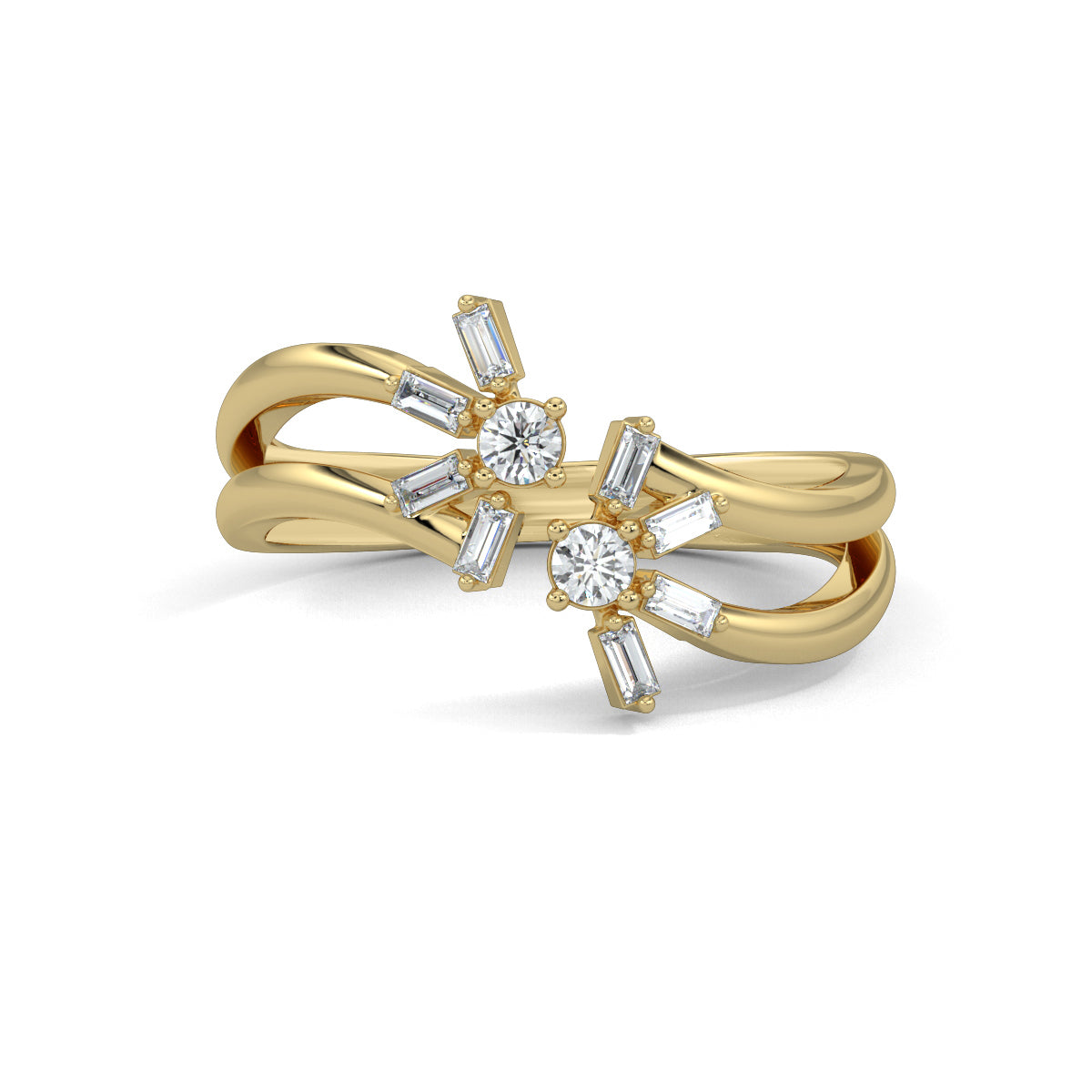 Yellow Gold, Diamond Ring, Natura diamond ring, Lab-grown diamond ring, Mystic Flourish Diamond Ring, everyday diamond ring, split shank diamond ring, floral diamond ring, sustainable diamond jewelry, round diamond, baguette diamond, elegant diamond ring, enchanting diamond ring