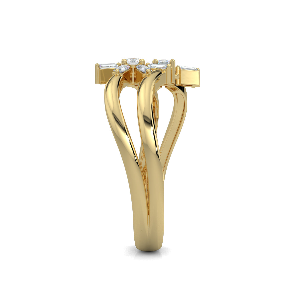 Yellow Gold, Diamond Ring, Natura diamond ring, Lab-grown diamond ring, Mystic Flourish Diamond Ring, everyday diamond ring, split shank diamond ring, floral diamond ring, sustainable diamond jewelry, round diamond, baguette diamond, elegant diamond ring, enchanting diamond ring